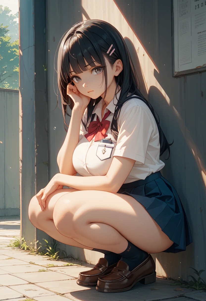 Watercolor illustration, Highest quality、beautiful girl, (High school girls)、, 8k、RAW Photo、(skin:1.2)、Ultra-high resolution、(lens:50mm)、(F/1.2)、Beautiful Face, light makeup, Slender body, (Medium chest, Beautiful body lines), (Big round eyes:1.2)、(Droopy eyes:1.3)、(Delicate eyelashes), (Embarrassed face:1. 2), (Red cheeks, Lips open), looking at the camera, 16 years oldair,(Messy bangs), Brown eyes, beautiful girl, 16 years old, Very beauthite shirt, (The button on the chest comes off, Beautiful body lines),((Pleated skirt)), (I can see her white panties), White Pantyhose, Beautiful body lines, Shallow depth of field, White wall, Bright windowsill, (Outside the window is a garden), Shooting from below