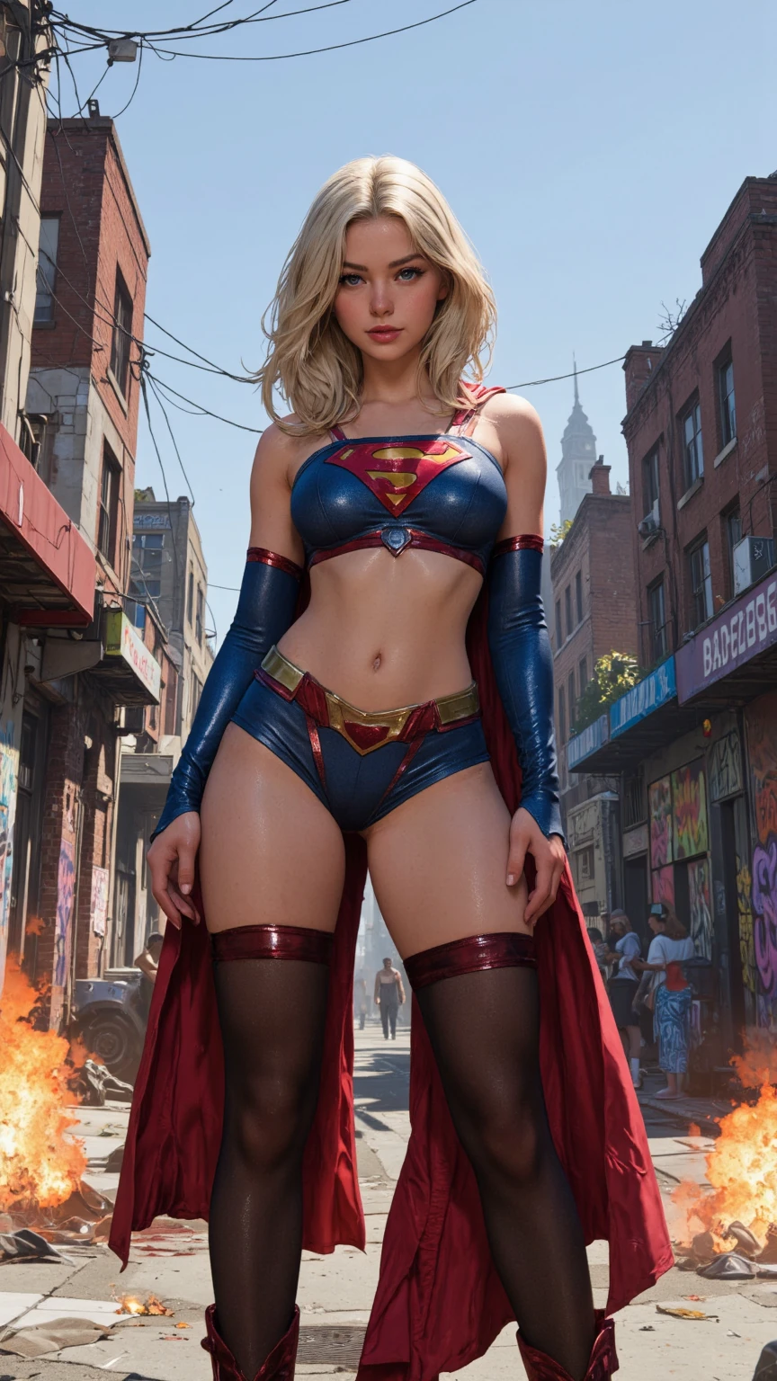 ((lifelike lighting, Melhor Qualidade, 8K, Obra-prima: 1.3)), Foco: 1.2, 1girl, rosto perfeito, delicate strokes, olhos azuis, red-lips, Athletic, caucasian Beauty, pele clara, pale skin, abdome exposto, curvy,forma perfeita: 1.4, Abdominais finos: 1.1, ((cabelo loiro)), (uniforme de supergirl, latex: 1.4), (Ao ar livre, Noite: 1.1), Ruas da cidade, Rosto super fino, Olhos finos, 二重まぶた, coxas grossas, cintura estreita, quadris amplos, coxas!!! Coxas grossas, pernas maravilhosas, minissaia latex, saia curta, skintight, roupas justas, saia justa, saia de cintura baixa, umbigo a mostra, (Meias pretas sobre o joelho: 1.5)