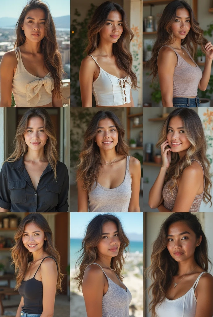 You could create the same woman. same face. different poses. different clothes. make it realistic? that he is at home posing, but let them be 4 photos, Could you create another one just like that?? but with different clothes and sitting on her bed 



