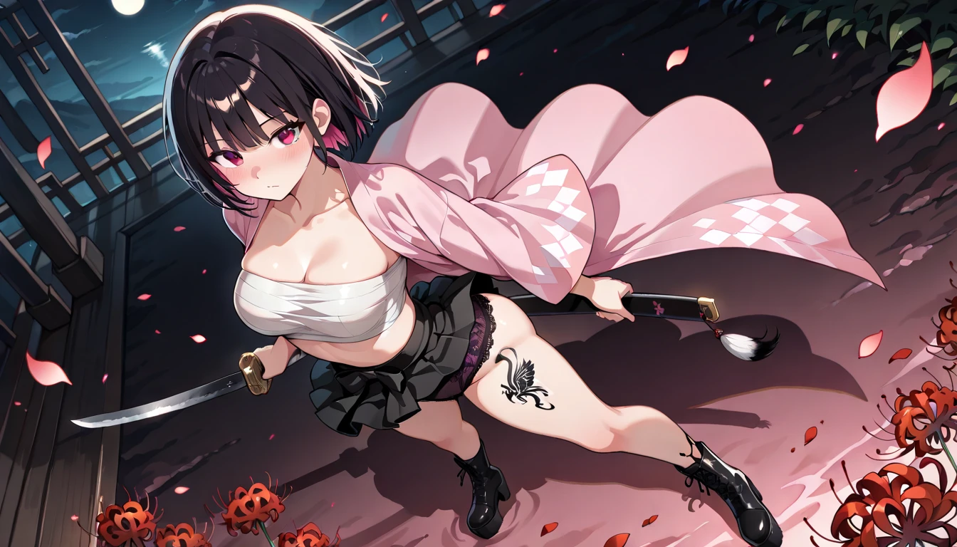 from directly below、Cute female yakuza、Holding a Japanese sword、Looking down on、mini skirt、tattoo、Girl、Girl、Short、Younger、Lower school year、Baby Face、flat chest、Yakuza Office、Yakuza、building、background、Dynamic Angle、masterpiece、best quality、ultra-detail、Japanese Mafia、Yakuza hideout、gang、Boss's Room、Thug's Room、Boss's Daughter、Clothing、cool、Cold eyes、Angry
