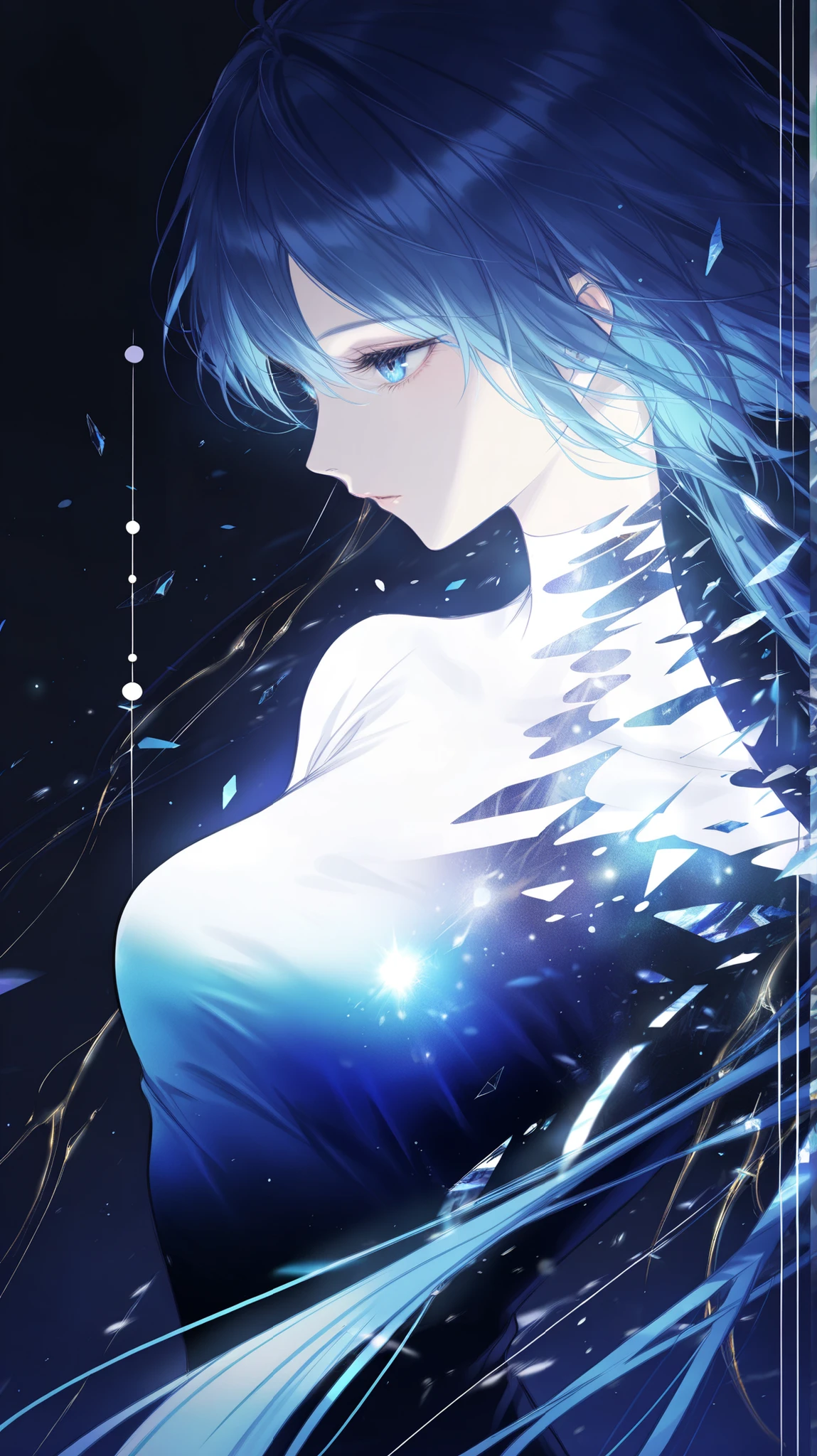 masterpiece, best quality, amazing quality, newest, very aesthetic, 1girl,Image is a digital artwork featuring an anime-style character in profile view. The character has a pale complexion and long, flowing blue hair that appears to be made of or adorned with crystalline structures, reflecting light in various shades of blue and white. The hair is interspersed with small, golden triangular shapes, adding contrast and depth. The character's facial features are delicate, with a serene expression and large, expressive eyes that are highlighted with fine, detailed line work. The background is a dark, abstract mix of blues and blacks, enhancing the luminous effect of the hair and creating a sense of depth and mystery. The overall composition is dynamic, with a focus on the interplay of light and color, giving the artwork a magical and ethereal quality.