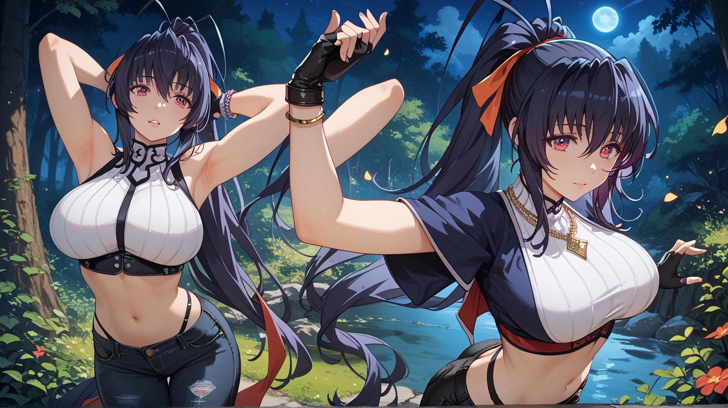 Full body shot from head to feet, two female characters from Genshin Impact. Raiden Shogun attacking Yae Miko with short sword, while looking to Yae Miko with serious expression. Yae Miko while looking to Raiden Shogun, defending with short sword, but wounded and defeated, in pain expression. Both characters have long hairstyle, wear traditional sleeveless kimonos, with obi and long gloves. Both characters wears short skirt is also a prominent feature of their attire, complemented by black thigh highs stockings. The background set in a deep forest, with simple effect.