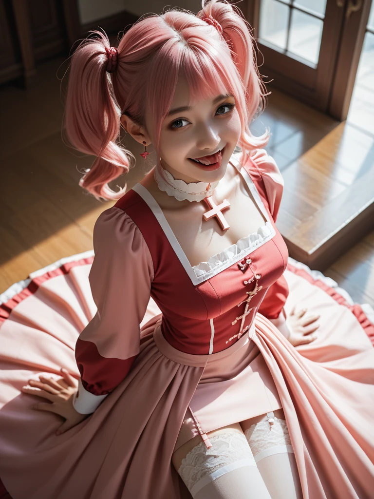 (masterpiece, best quality:1.4), (top-down:1), (bottom-up:1.2), 1girl, lambdadelta, anime girl with pink hair and red shoes laying on her stomach, splash art anime , , an ahoge stands up on her head, in dress, the anime girl is crouching, best anime 4k konachan wallpaper, , lying dynamic pose, cushart krenz key art feminine, pink dress, kneehighs, striped legwear, red shoes, shoe bow, red bows, pink hair, short hair, brown eyes, elbow black gloves, jack-o' challenge, flexible, spread legs, beautiful face, (highly detailed face), highly detailed eyes, highly detailed skin, skin pores, subsurface scattering, realistic pupils, medium breast, full face blush, full lips, detailed background, depth of field, volumetric lighting, sharp focus, absurdres, realistic proportions, good anatomy, (realistic, hyperrealistic:1.4), 16k hdr, (outside, at night)