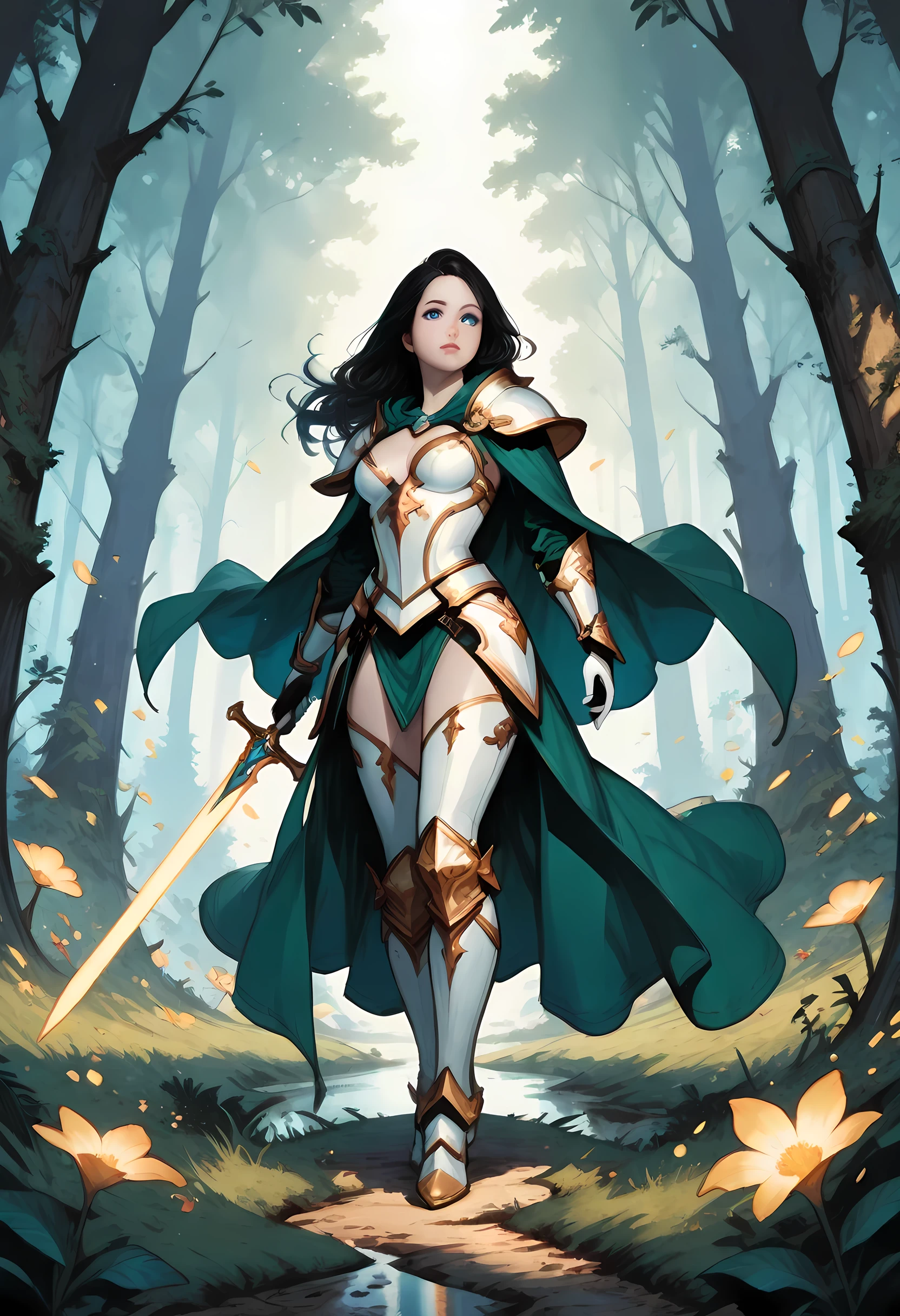 a picture of female human paladin of nature protecting the forest, wearying heavy armor, divine armor, white armor, small cleavage,  flowing cloak, long cloak, green cloak, armed with a sword, glowing sword, wearing a glowing holy symbol, a woman, divine knight, full body, perfect body, ultra detailed face, ultra feminine, pale skin, black hair, long hair, blue eyes, body, intense eyes, fantasy forest background, D&D art, RPG art, magical atmosphere magic-fantasy-forest, ultra best realistic, best details, best quality, 16k, [ultra detailed], masterpiece, best quality, (extremely detailed), ultra wide shot, photorealism, depth of field, hyper realistic painting, fantasy art, realistic art,((best quality)), ((masterpiece)), (detailed), perfect face, Cinematic Shot, Fantasy background, d4f4b