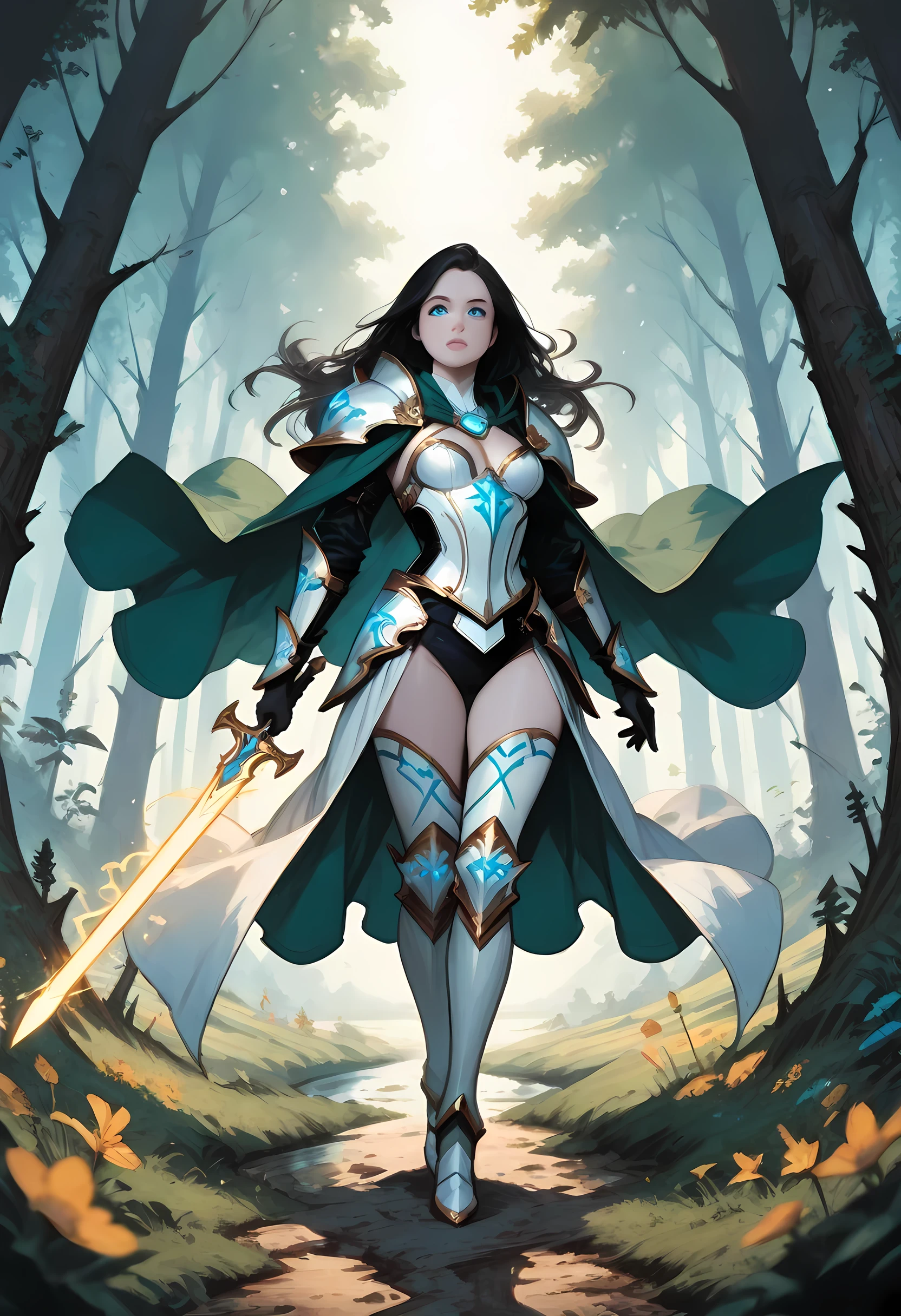 a picture of female human paladin of nature protecting the forest, wearying heavy armor, divine armor, white armor, small cleavage,  flowing cloak, long cloak, green cloak, armed with a sword, glowing sword, wearing a glowing holy symbol, a woman, divine knight, full body, perfect body, ultra detailed face, ultra feminine, pale skin, black hair, long hair, blue eyes, body, intense eyes, fantasy forest background, D&D art, RPG art, magical atmosphere magic-fantasy-forest, ultra best realistic, best details, best quality, 16k, [ultra detailed], masterpiece, best quality, (extremely detailed), ultra wide shot, photorealism, depth of field, hyper realistic painting, fantasy art, realistic art,((best quality)), ((masterpiece)), (detailed), perfect face, Cinematic Shot, Fantasy background, d4f4b