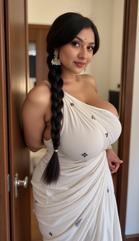 photography, woman, portrait of woman ,((wearing Indonesian_high_school)), red lipstick, golden necklace, earrings, ornate, detail, flowers, blurry background, soft focus.(((Knee-length hair))),some long hair covers the breasts and stomach,((gigantic tits:1.3), detail skin