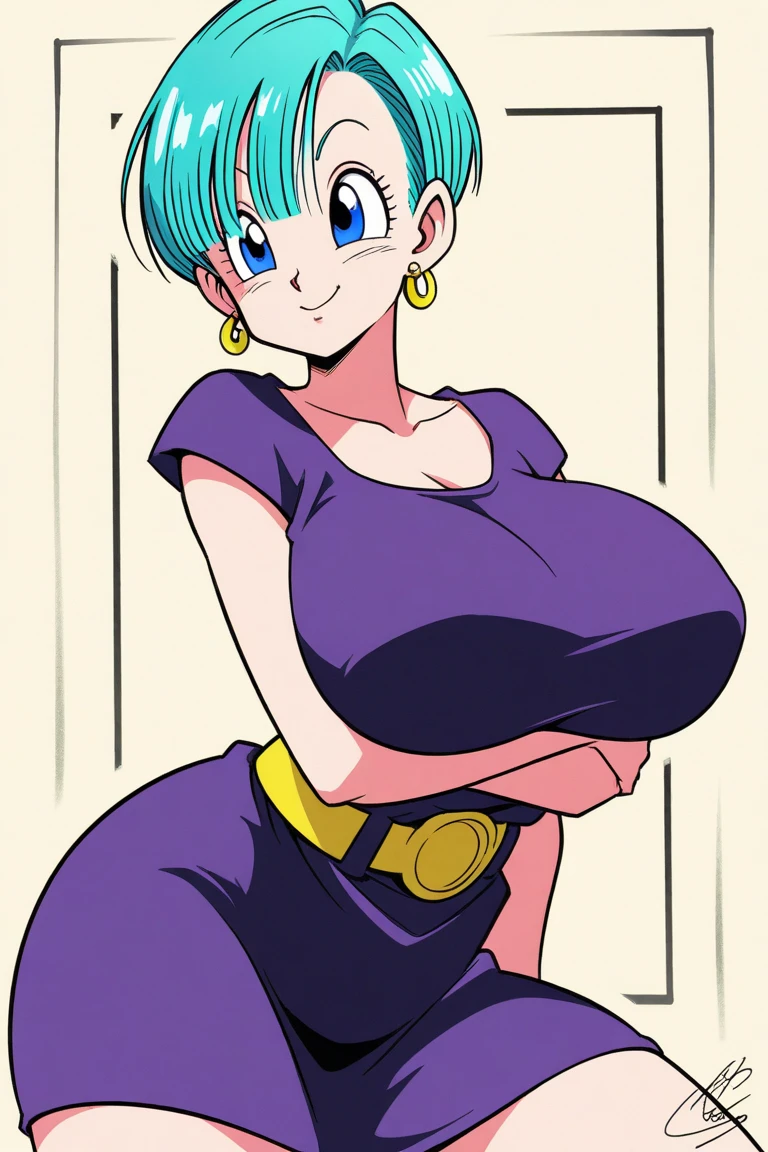 source_anime, score_9, score_8_up, score_7_up, anime screencap, bulma, namek saga, 1girl 1boy, breasts, looking at viewer, big breasts, smile, breasts grab by boy in sexual way, hands on breasts by boy, in a sexual way, breasts pose, short hair, blue eyes, yellow jacket, yellow skirt, pantyhose, belt, black pantyhose, aqua hair, smile, happy, fringe trim, red hairband,