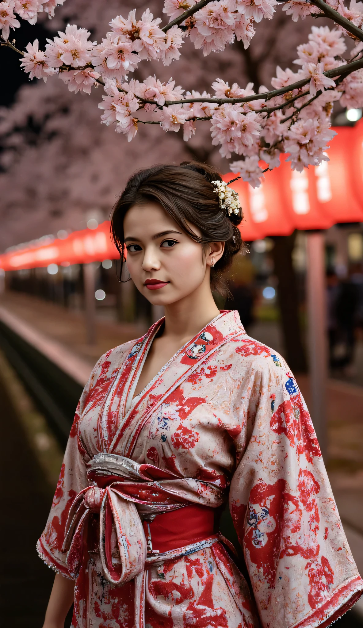 Utamaro's Ukiyo-e 、Beautiful Ukiyo-e composition、HD、4K、8k、16k、Woman uper high resolution、detailed description、A kimono with a bright white floral pattern that looks like art、(川沿いのライトupされた鮮やかな桜を見ている)、A work like the culmination of Ukiyo-e、 color difference、bewitching beautiful woman in beautiful Ukiyo-e、high image quality、 facial features 、((Spectacular natural scenery))、score_9, score_8_up, score_7_up,high res photos, masterpiece, best quality work, great quality, very detailed, Complicated Details, sharp detail、Focus on Your FACE, perfect hands, perfect anatomy, detail hand , detailed finger,Japanese、Outdoors、、髪はup、It goes well with kimonos、((A beautiful night view of cherry blossom trees in full bloom along the riverside lined with red lanterns))、A beautiful woman with a seductive expression、Cherry blossom petals are falling、((Beautiful night view of illuminated cherry blossom trees in full bloom along a river lined with red lanterns))、A seductive kimono