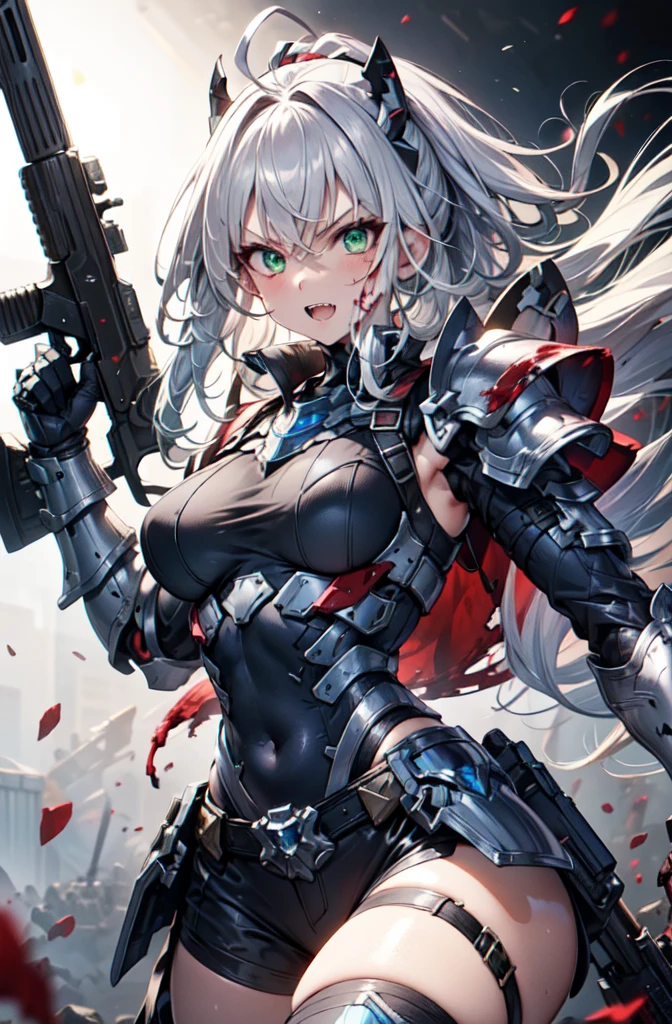 1girl, solo, burning landscape, village, trees, sun, clouds, war, silver hair, ponytail, large breasts, ((armor)), ((metal suit)), cleavage 1:3, blue eyes, grin, machine gun in hand, looking at the viewer, dinamic pose, run, hair ribbon, aircraft on the air, tanks