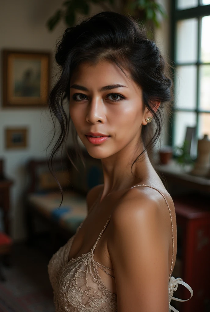Capture an enchanting portrait with Ektachrome film on a Nikon D750. Emphasize a complementary color scheme, low contrast, and angelic atmosphere. Highlight the model's alluring grace and seductive charm. Use beautiful spotlight lighting for an ethereal look