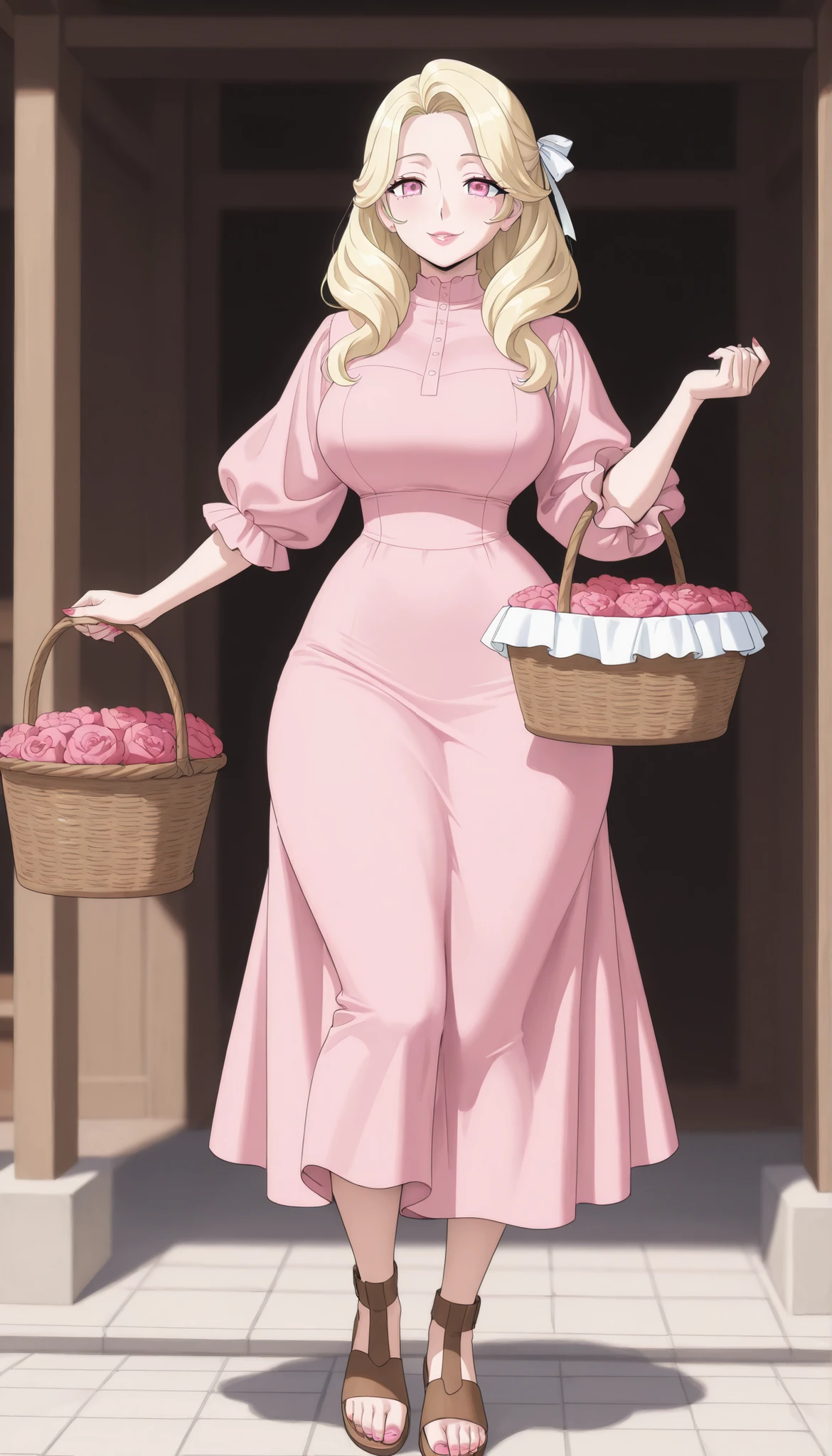A mature beautiful woman with blond hair, extremely fair white natural skin, big pink eyes, red plump glossy lips, pink nails, a small waist, and a perfect sexy voluptuous curvy body. She's only wearing a revealing short-length pink dress with full flared puffy sleeves, one hair ribbon, and brown sandals. She's standing straight, holding one basket, kindly smiling, with full legs, and is in a market. Show her full body and super hyper-detailed.