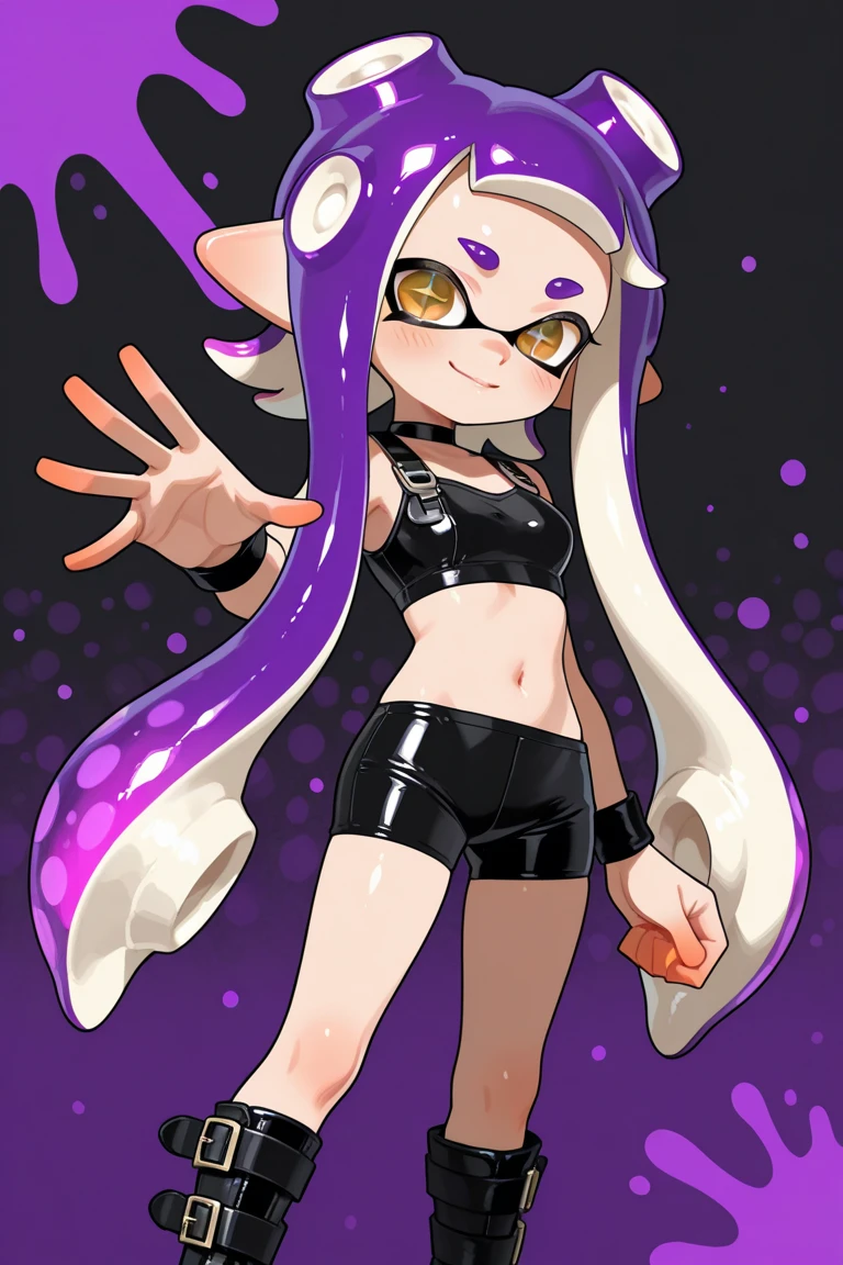 Splatoon girl 、super big breasts、purple tentacle hair、Pose that emphasizes the breasts、sexy dynamic pose、smile、