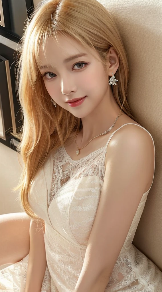 ((highest quality:1.3、8k、masterpiece))、One Girl、Detailed face 1:2、Cute Face、Fine grain、Laughter、Beautiful woman、Lesbians all over、Angelicales、Angel、White Skirt、White top、feather、Gentle light、Light background、Great background、White gold hair、Are standing