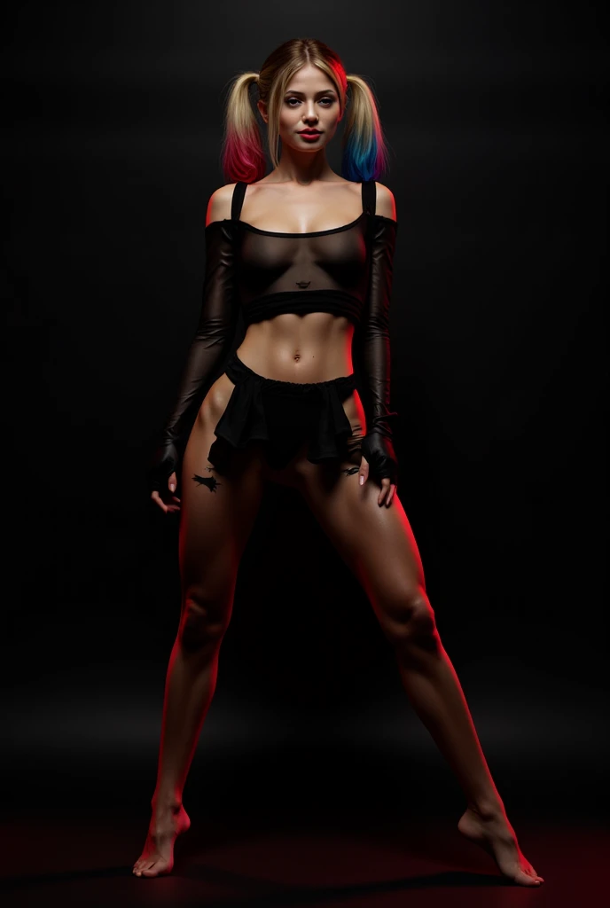 ebony girl who is quite curvaceous, with large breasts and an hourglass figure accentuated by her tight clothing. She has long legs that she showcases in her revealing outfits, and her face is striking with sharp features and piercing green eyes, she has brown skin and is of African descent. She has a wild, colorful appearance inspired by the DC Comics supervillain Harley Quinn. She has bright pink hair styled in a pixie cut, bold makeup highlighting her eyes and lips, and a tattoo of a playful heart on her cheek. Her attire consists of a black leather jacket adorned with diamonds, fishnet stockings, high-heeled boots, and a mini skirt that barely covers her bottom.