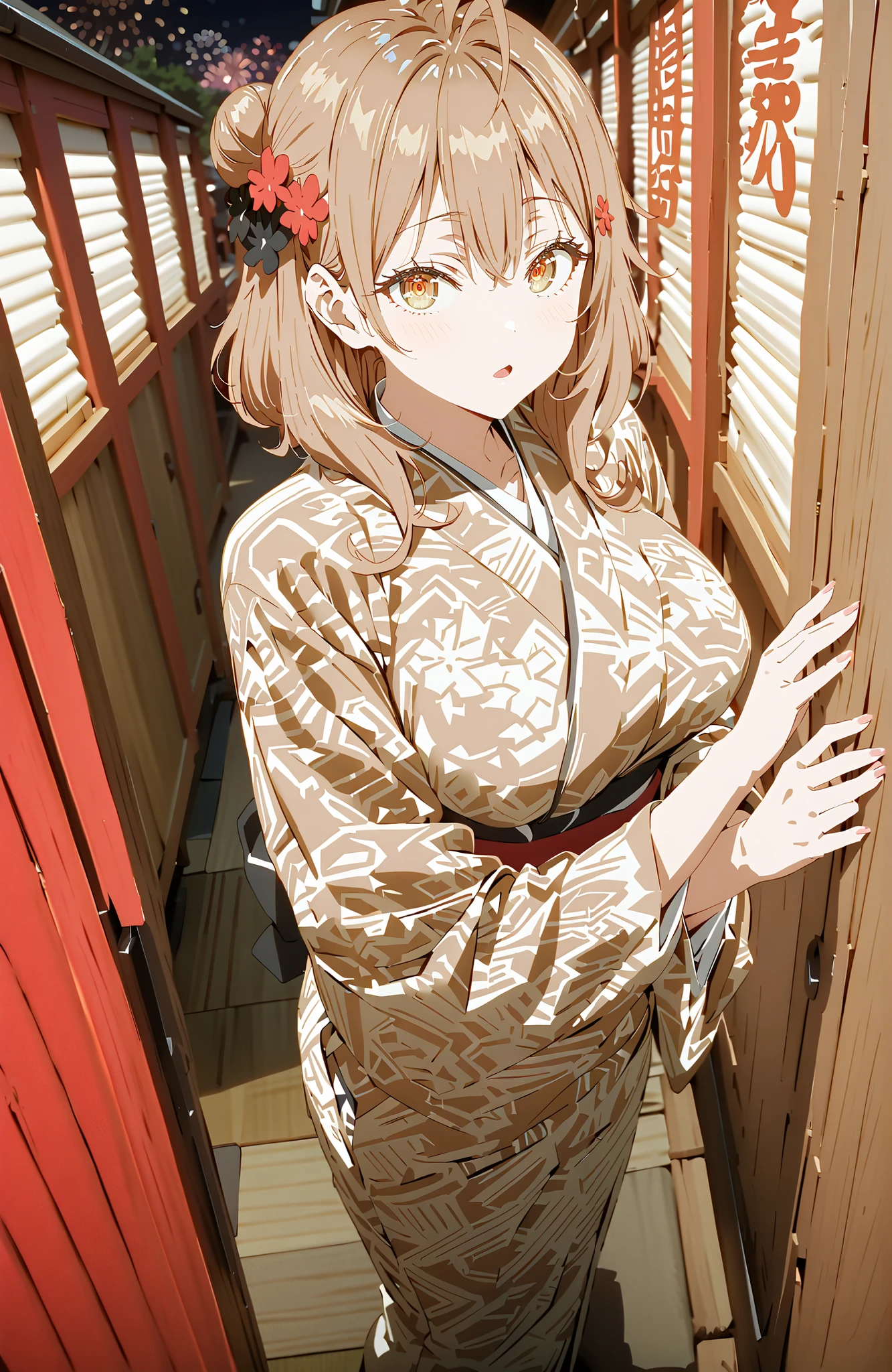 score_9, score_8_up, score_7_up, sauce_anime, Maria Mikhailovna Kuzou, bungs, brown hair, hair ornament, hair between eyebrows, brown eyes, stupid hair,side lock,single bun hair, Big Breasts,Black flower pattern kimono,standing,Light up fireworks,Japanese stalls ,Red Lanterns,standing,break looking at viewer,full body,
break outdoors, Japanese Festival,
break (masterpiece:1.2), best quality, high resolution, Unity 8Kの壁紙, ( illustration :0.8), (beautiful detailed eyes:1.6), Highly Detailed Faces, perfect lighting, highly detailed CG, (perfect hand in h, completed anatomy),