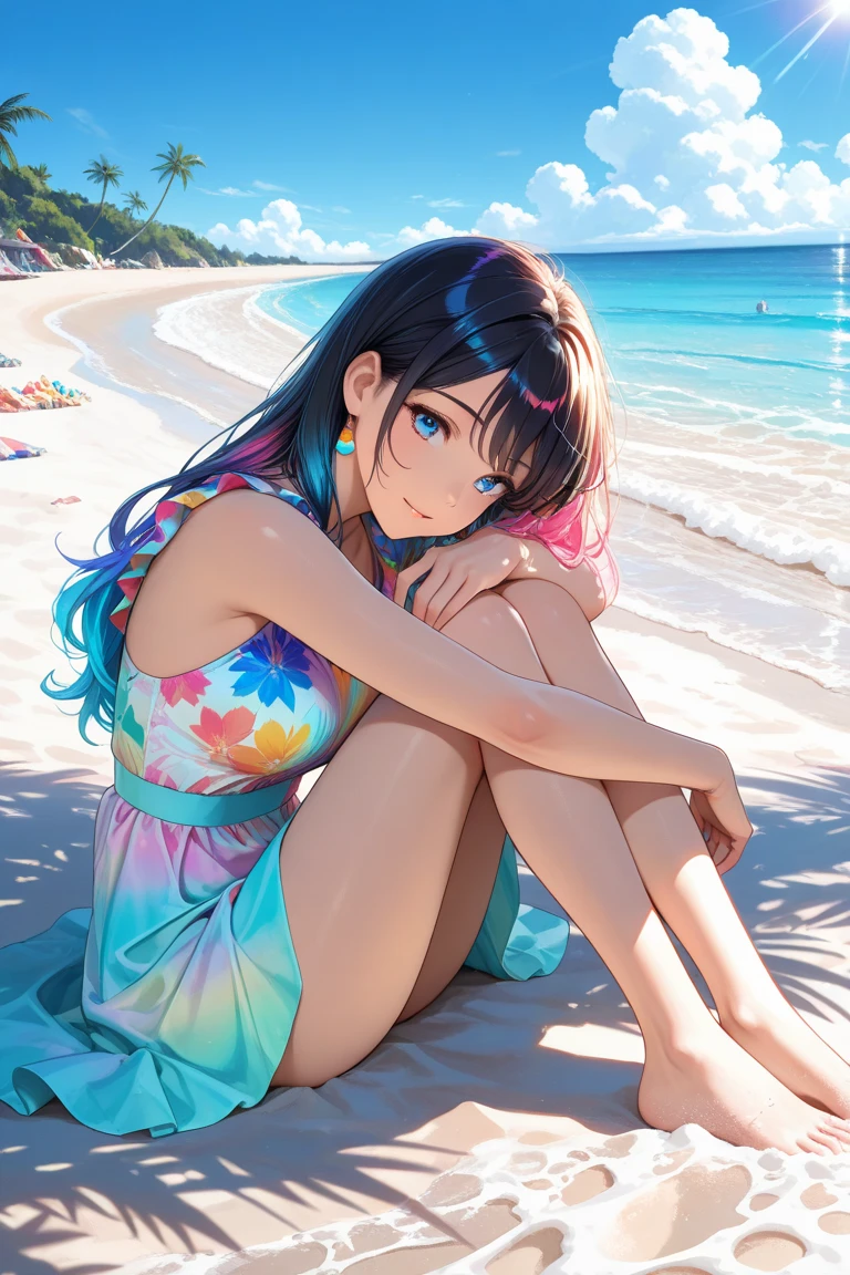 (Best lighting, Best Shadow, masterpiece, high quality), colorful, Vibrant, Summer mood, lots of bright colors, Beautiful woman in light summer clothes, Hair loss, Sit on the clear water and white sand, Bright blue sky. masterpiece, 最high quality, high quality, High resolution, sexly,