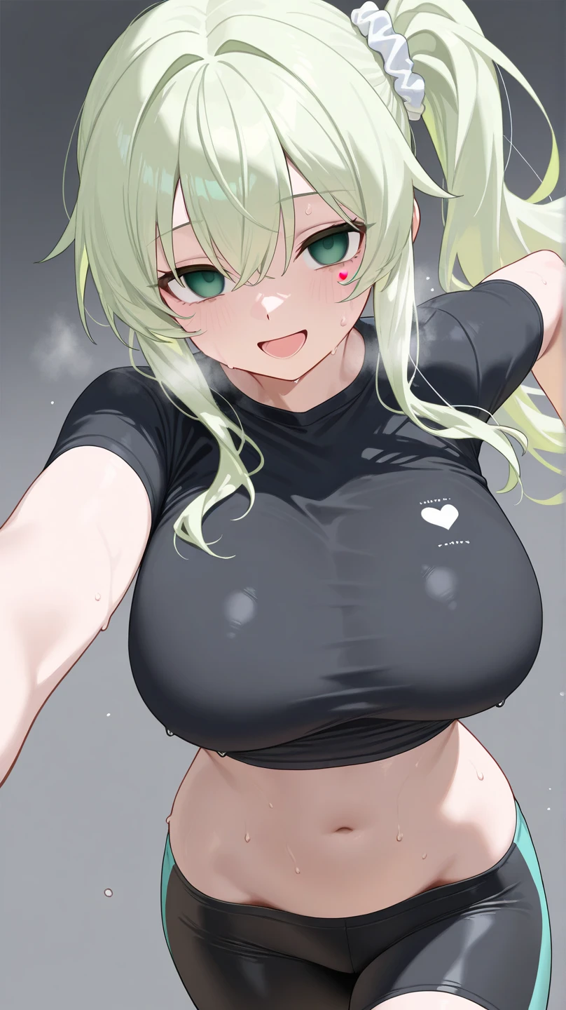 score_9, score_8_up, score_7_up, score_6_up, source_anime, rating_explicit, 1girl, two-tone hair, dark-skinned female, blonde hair, black hair, medium hair, green eyes, large breasts, black tank top, looking at viewer, face, open mouth, wide-eyed, heart shaped pupils, 