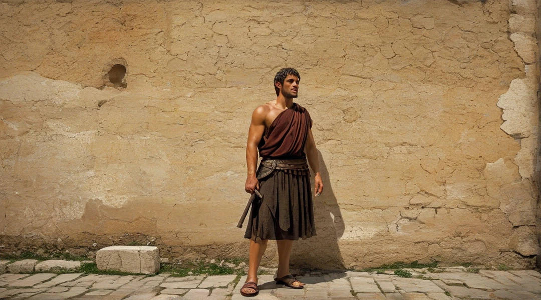 a lean, skinny, 20-year-old shirtless, exhausted, tired, panting, blonde hair, Caucasian male wearing sagging brown long tattered loincloth, sweating profusely, drenched in sweat, hands behind head, in the roman arena, renaissance era, head to waist shot
