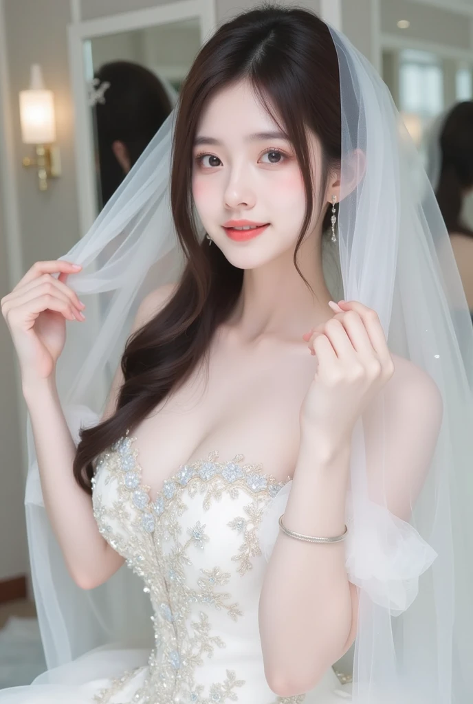 (8k,RAW Photos,Like the picture:1.45),masterpiece,Highest quality,wonderful,(Sexy Mature Woman:1),(Mature Woman:1.3), (3 woman.1.3)、(((very, very big)))、(((Extremely lewd and very huge boobs)))、(((Very deep cleavage)))、Hyper Real、In the lounge of a luxury hotel、An extremely beautiful and dignified smile、Extremely beautiful white skin、Extremely beautiful, delicate and precise skin texture、With long, fluffy, gorgeous brown hair((Evening updo:1.35))、Extremely beautiful women of Japan、(BIG ASS)、Thick thighs、Bright red lips、Gold earrings、Gold bracelet、Gold Necklace、(Super Detail),((Very delicate and beautiful)),Focus on the characters,Dynamic Angle,looking at onlookers with an intensely lewd gaze,((alone)),Are standing,((Extremely obscene whole body)),((a princess wearing a wedding dress that's a gorgeous evening gown with voluminous skirts)),((Smiling beautiful bride)),Detailed, Big smile and eyes,Jewel-like eyes,((Very long and voluminous hair)),Gorgeous embroidery and lace,((Gorgeous corsage)),See through,(Gorgeous Jewelry Ornaments),Luxury Hair Accessories,Gorgeous jeweled tiara,Gorgeous frills,((Very lewd face and huge breasts)),indoor,Very fancy church wedding,((Extremely obscene whole body)),Hoop skirt,crinoline,very long wedding veil,(((a mix of a bejeweled wedding dress and a luxuriously embroidered rococo ball gown))),