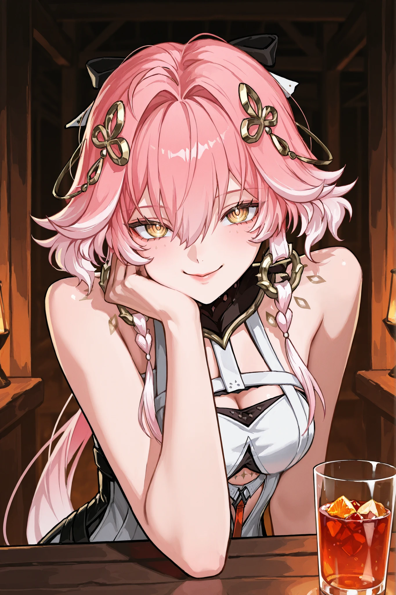 Персонаж changli из wuthering waves, soft pink hair to the shoulders, tips white , very big eyes, with her eyes , surprisingly wide patterns, yellow eyes , Glass retina, clothes of the changli character from the wuthering waves game , big plump lips , looks at the viewer, rosy cheeks, turns red , smile, shame , flirts, better quality, Glass retina, against the background of the tavern , sitting in a tavern , thin and elegant , slim, emphasis on the eyes, detailed eyes, long background