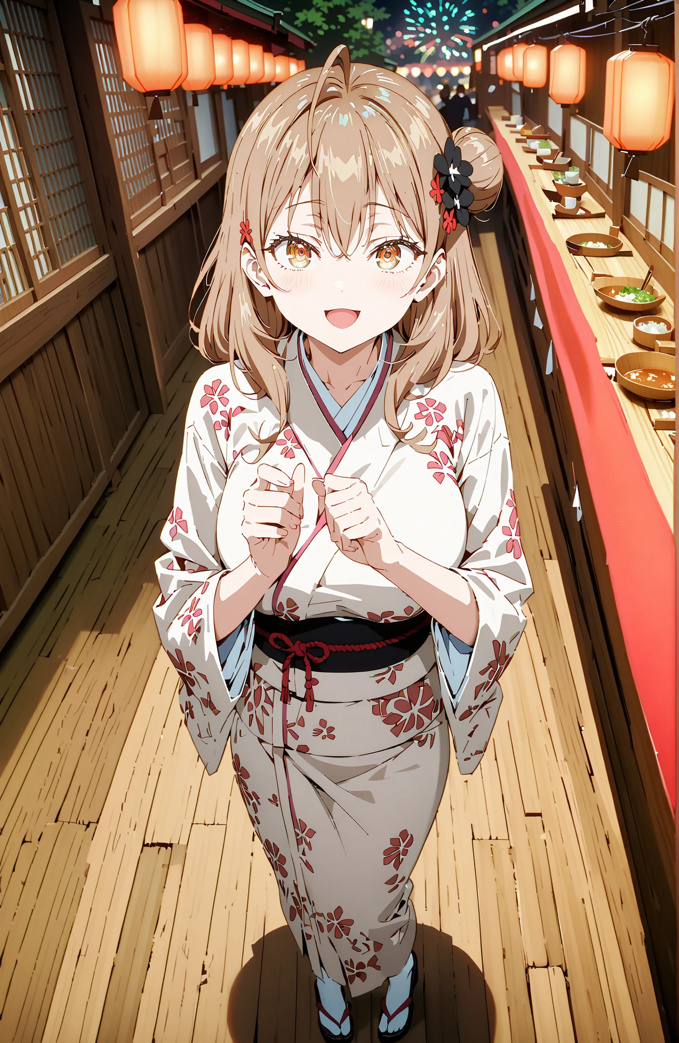 score_9, score_8_up, score_7_up, sauce_anime, Maria Mikhailovna Kuzou, bungs, brown hair, hair ornament, hair between eyebrows, brown eyes, stupid hair,smile,blush,opens her mouth,side lock,single bun hair, Big Breasts,Black flower pattern kimono,standing,Light up fireworks,Japanese stalls ,Red Lanterns,standing,break looking at viewer,full body,
break outdoors, Japanese Festival,
break (masterpiece:1.2), best quality, high resolution, Unity 8Kの壁紙, ( illustration :0.8), (beautiful detailed eyes:1.6), Highly Detailed Faces, perfect lighting, highly detailed CG, (perfect hand in h, completed anatomy),