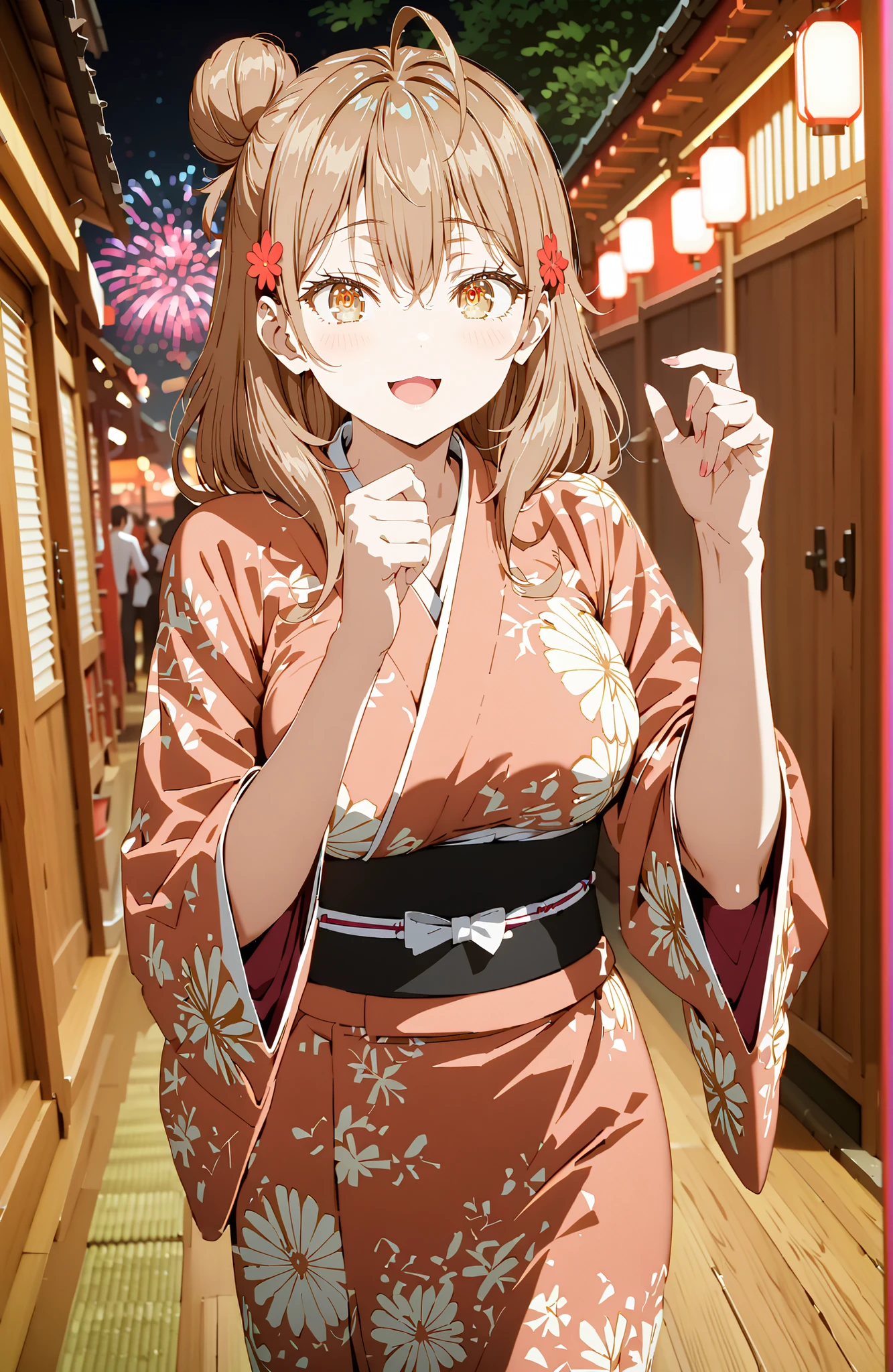 score_9, score_8_up, score_7_up, sauce_anime, Maria Mikhailovna Kuzou, bungs, brown hair, hair ornament, hair between eyebrows, brown eyes, stupid hair,smile,blush,opens her mouth,side lock,single bun hair, Big Breasts,Black flower pattern kimono,standing,Light up fireworks,Japanese stalls ,Red Lanterns,standing,break looking at viewer,full body,
break outdoors, Japanese Festival,
break (masterpiece:1.2), best quality, high resolution, Unity 8Kの壁紙, ( illustration :0.8), (beautiful detailed eyes:1.6), Highly Detailed Faces, perfect lighting, highly detailed CG, (perfect hand in h, completed anatomy),