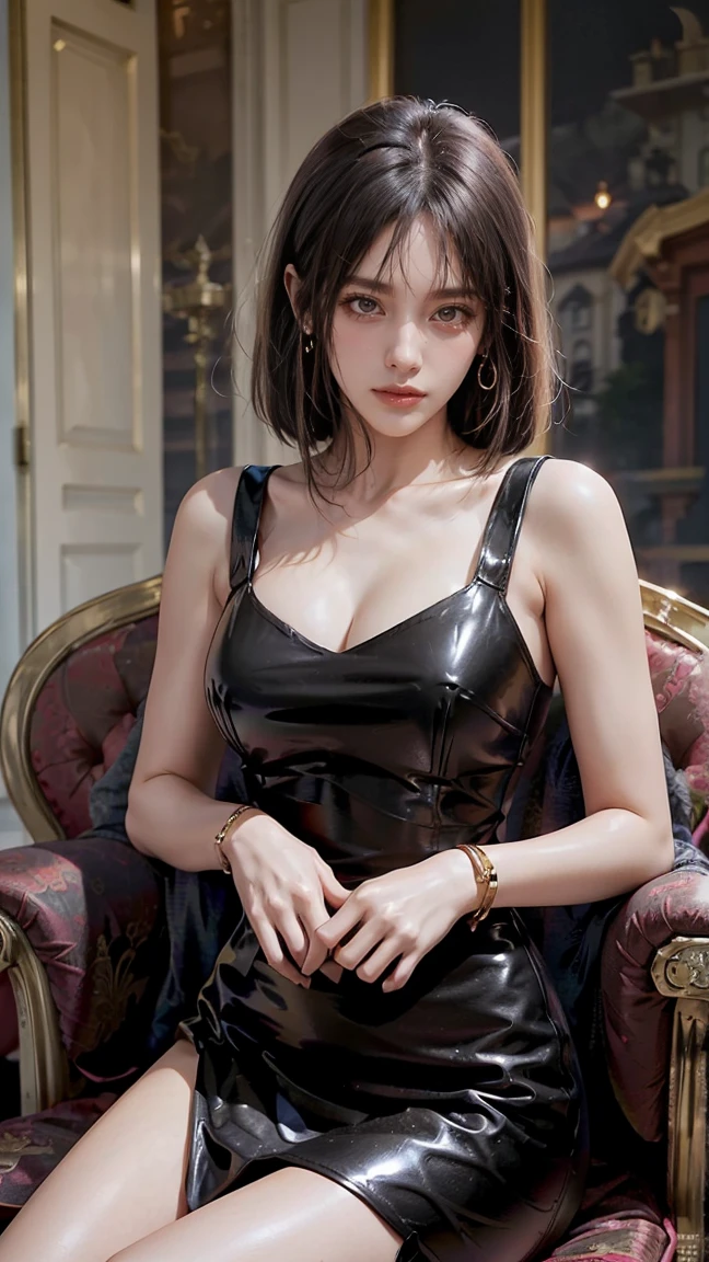 Gold handcuffs on the chain, around the neck, shinny dress 