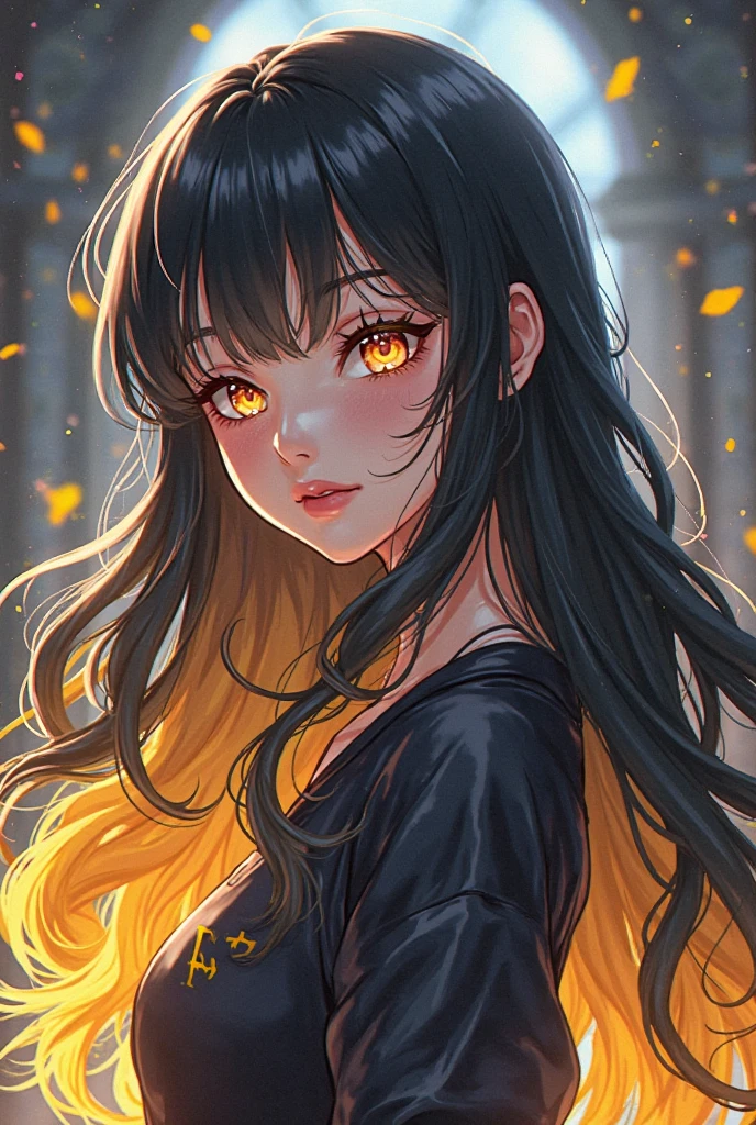 Lots of fireflies surround a girl with black hair and yellow eyes