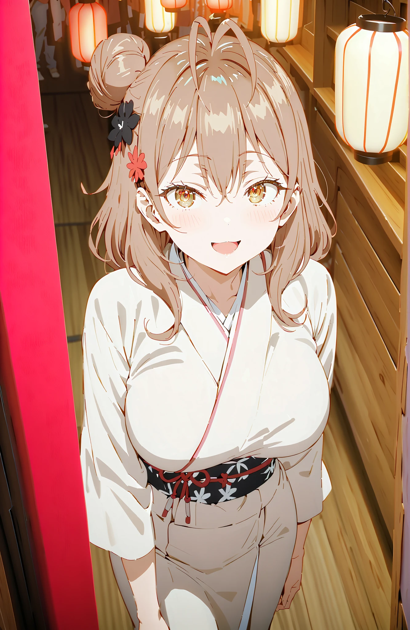 Maria Mikhailovna Kuzou, bungs, brown hair, hair ornament, hair between eyebrows, brown eyes, stupid hair,smile,blush,opens her mouth,side lock,single bun hair, Big Breasts,Black flower pattern kimono,standing,Light up fireworks,Japanese stalls ,Red Lanterns,standing,break looking at viewer,full body,
break outdoors, Japanese Festival,
break (masterpiece:1.2), best quality, high resolution, Unity 8Kの壁紙, ( illustration :0.8), (beautiful detailed eyes:1.6), Highly Detailed Faces, perfect lighting, highly detailed CG, (perfect hand in h, completed anatomy),