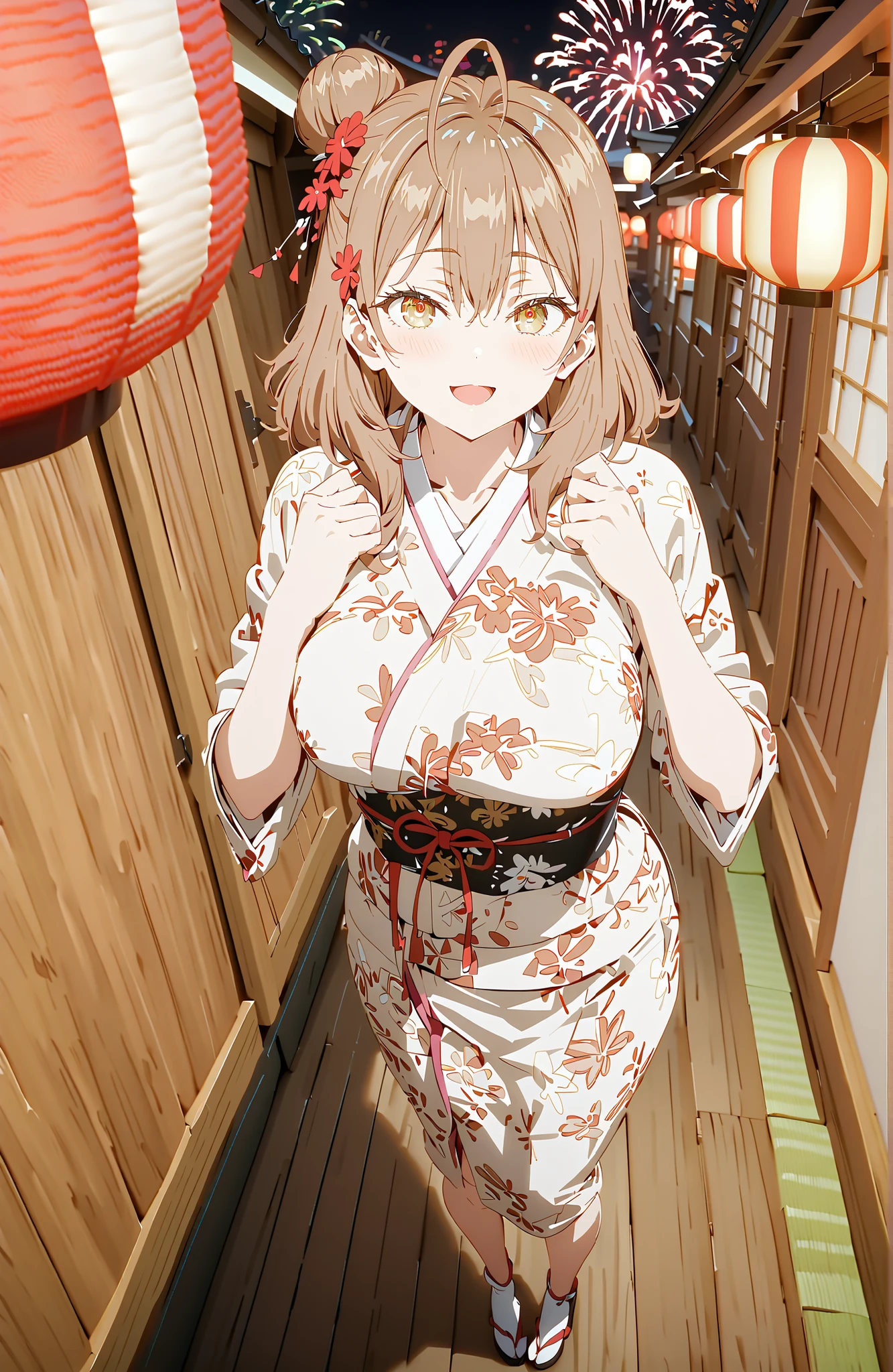 Maria Mikhailovna Kuzou, bungs, brown hair, hair ornament, hair between eyebrows, brown eyes, stupid hair,smile,blush,opens her mouth,side lock,single bun hair, Big Breasts,Black flower pattern kimono,standing,Light up fireworks,Japanese stalls ,Red Lanterns,standing,break looking at viewer,full body,
break outdoors, Japanese Festival,
break (masterpiece:1.2), best quality, high resolution, Unity 8Kの壁紙, ( illustration :0.8), (beautiful detailed eyes:1.6), Highly Detailed Faces, perfect lighting, highly detailed CG, (perfect hand in h, completed anatomy),