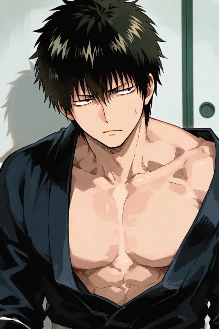 fushiguro_megumi, black hair, spiked hair, black eyes, topless male,   <lora:fushiguro_megumi:1>