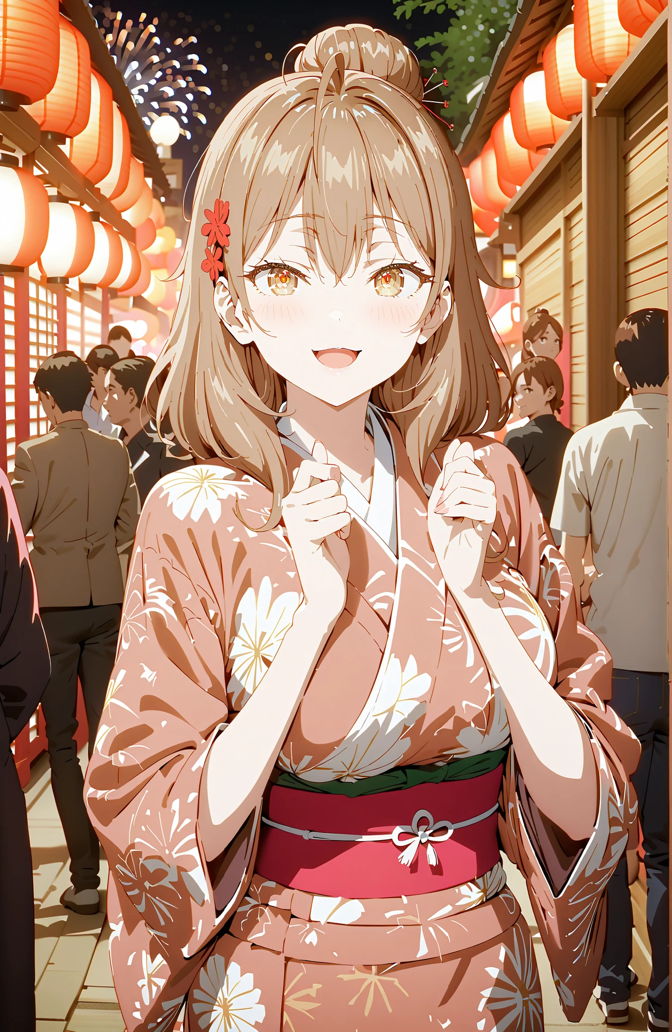 Maria Mikhailovna Kuzou, bungs, brown hair, hair ornament, hair between eyebrows, brown eyes, stupid hair,smile,blush,opens her mouth,side lock,single bun hair, Big Breasts,Black flower pattern kimono,standing,Light up fireworks,Japanese stalls ,Red Lanterns,standing,crowd,break looking at viewer,full body,
break outdoors, Japanese Festival,
break (masterpiece:1.2), best quality, high resolution, Unity 8Kの壁紙, ( illustration :0.8), (beautiful detailed eyes:1.6), Highly Detailed Faces, perfect lighting, highly detailed CG, (perfect hand in h, completed anatomy),