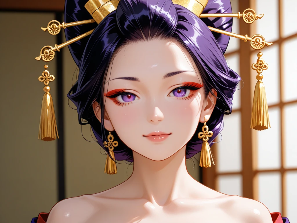 shanpuuranma, large_breasts, standing, solo, China_Dress_Golden_SMPOVA, masterpiece, best quality, detailed face, detailed eyes, highres,blush,nipples,(upper body)