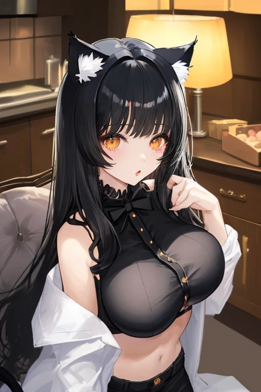 ((highest quality)), ((masterpiece)), (detailed), Perfect face, black hair, cat ears, embarrassed expression, large breasts, hiding breasts, topless
