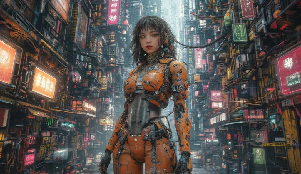 ((Masterpiece stunning Anime illustration)), ((extremely delicate and beautiful cybernetic girl)), ((highly detailed face)), ((mechanical limb, mechanical vertebrae)), ((mechanical cervical attaching to neck)), (wires and cables attaching to neck:1.2), ((mass of wires and cables on head)), ((wearing colorful Harajuku tech jacket with logo)), (dynamic pose), ((cowboy shot)), (masterpiece), (((best quality))), ((ultra-detailed)), (highly detailed photorealistic CG illustration), cinematic lighting, science fiction, extremely detailed,colorful,highest detail, (((cyberpunk city background, (Blade Runner), Harajuku district))), NSFW