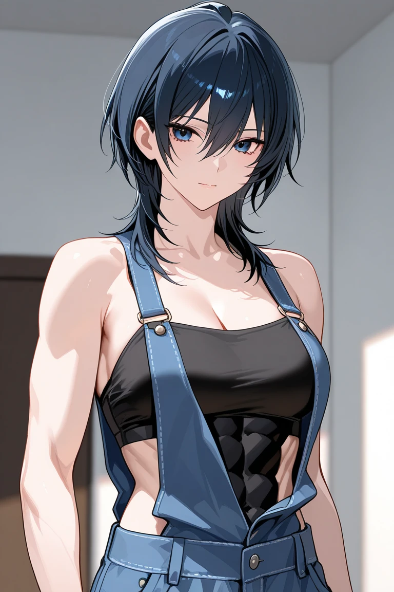 source_anime, rating_explicit, score_9, score_8_up, score_7_up, black_hair, goth, gothic, short_hair, looking at viewer, crop top, skirt, thighhighs, black clotges, goth girl, ikuchan, rape face, sinister, scheming, smirk, standing, indoors, bedroom, fancy wallpaper, solo