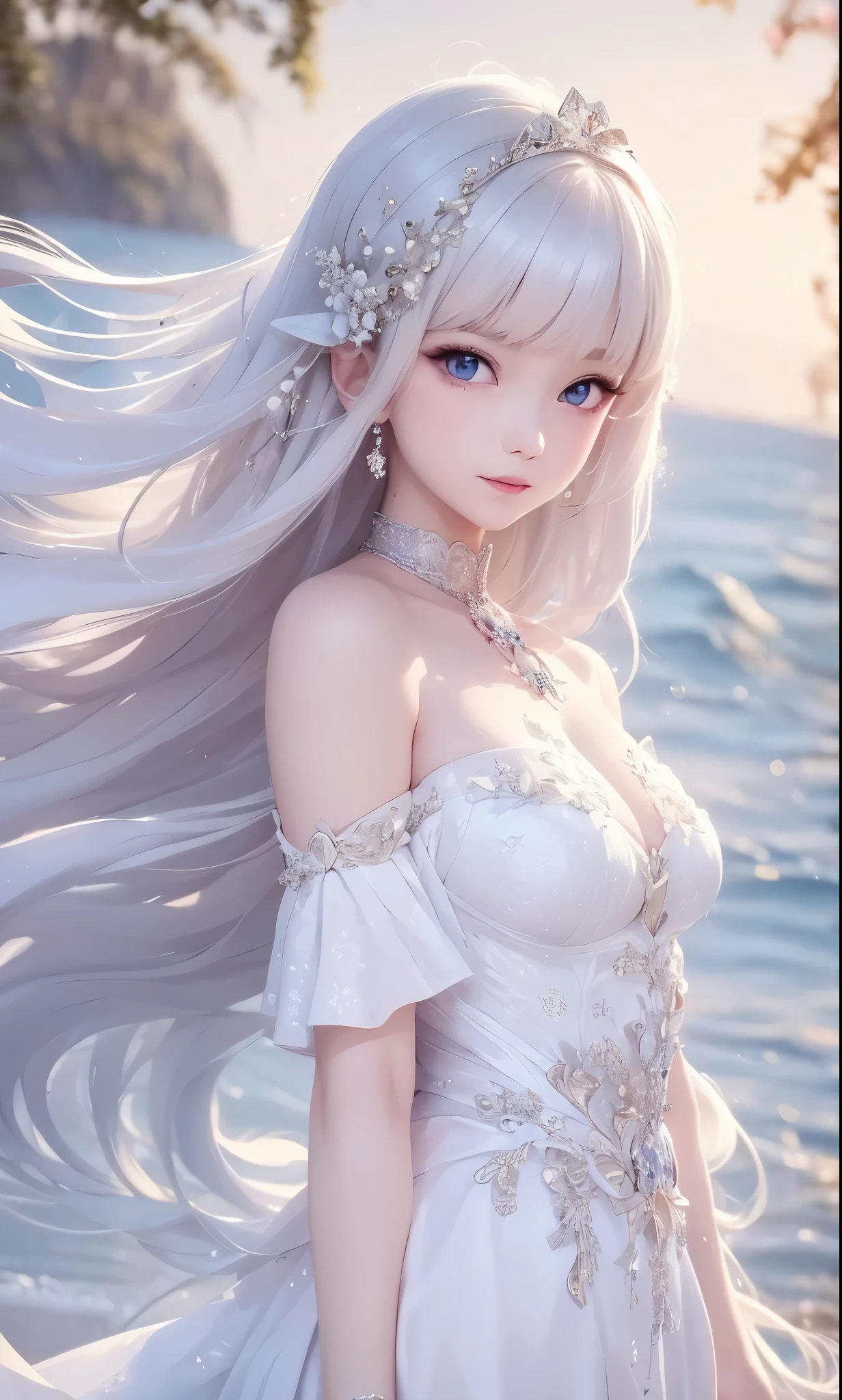 there is a woman in a white dress, artwork in the style of Gwaiz, Gwaiz on pixiv artstation, Gwaiz on artstation pixiv, Gwaiz, Fantasy Art Style, Gwaiz masterpiece, Beautiful and Elegant Queen , drawing beautiful characters, Detailed Digital Anime Art, blonde princess raising her cheeks, Gray Hair, sky blue eyes, pink lips, Off Shoulder, Beautiful Eyes, sara