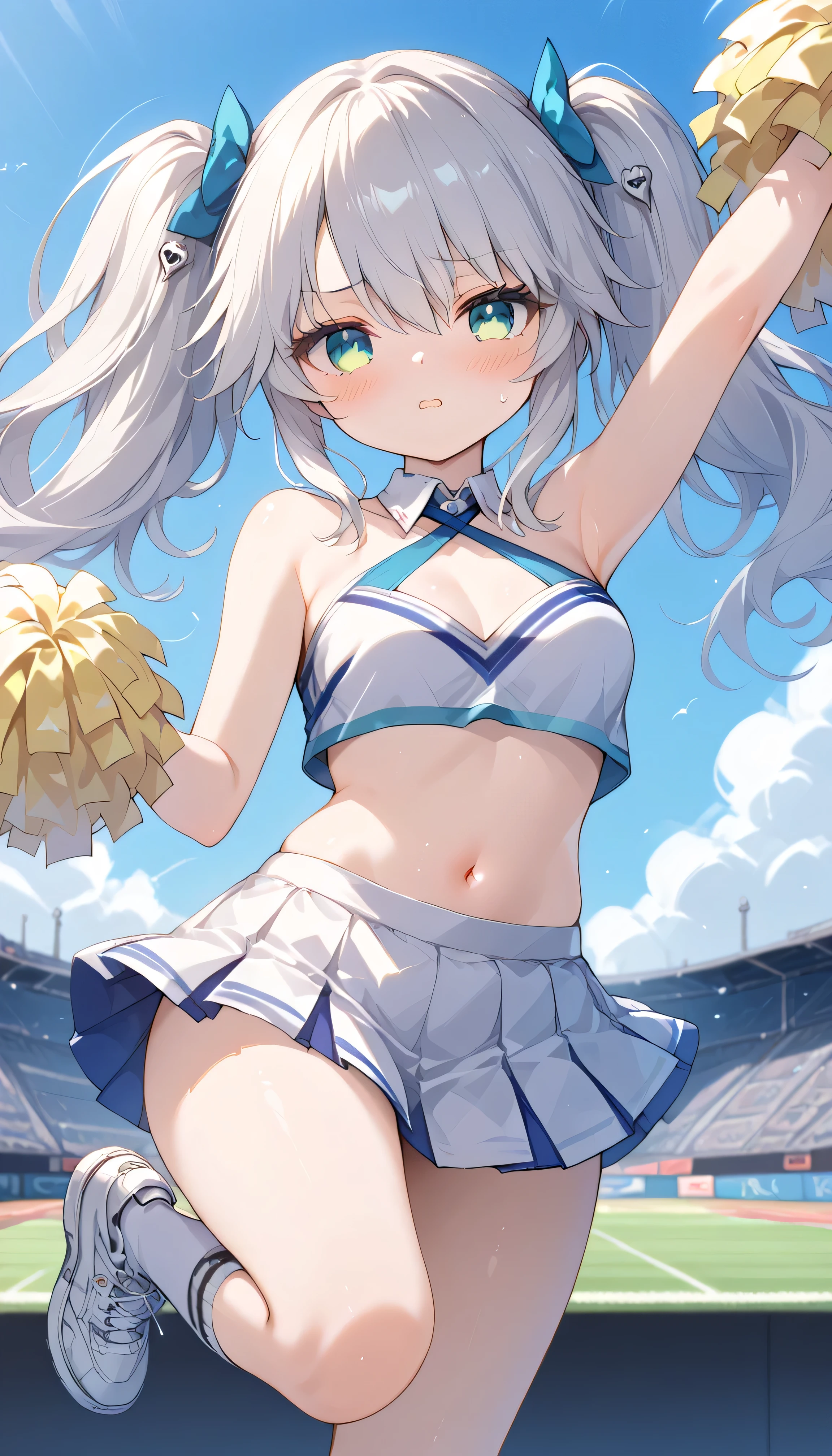 Sybilla, twintails, long hair, white hair, green eyes, solo, I can see my eyebrows from the inside of my hair, hair between eyes, is embarrassing, masterpiece, Best Quality, very aesthetic, thick thighs, Wide pelvis, blush, cheerleader, detached collar, white crop top, two-tone crop top, midriff, criss- cross halter, two-tone skirt, white skirt, miniskirt, pleated skirt, holding pom poms, pom pom (cheerleading), white sneakers, stadium,stylish pose,