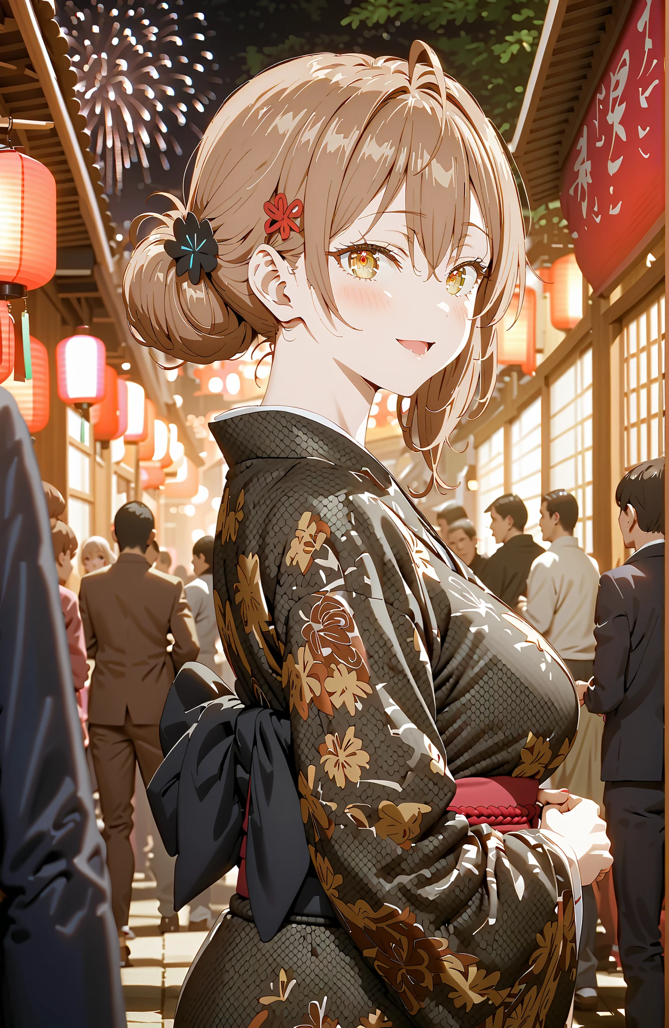 Maria Mikhailovna Kuzou, bungs, brown hair, hair ornament, hair between eyebrows, brown eyes, stupid hair,smile,blush,opens her mouth,side lock,single bun hair, Nape,Big Breasts,Black flower pattern kimono,standing,Light up fireworks,Japanese stalls ,Red Lanterns,standing,crowd,break looking at viewer,full body,
break outdoors, Japanese Festival,
break (masterpiece:1.2), best quality, high resolution, Unity 8Kの壁紙, ( illustration :0.8), (beautiful detailed eyes:1.6), Highly Detailed Faces, perfect lighting, highly detailed CG, (perfect hand in h, completed anatomy),