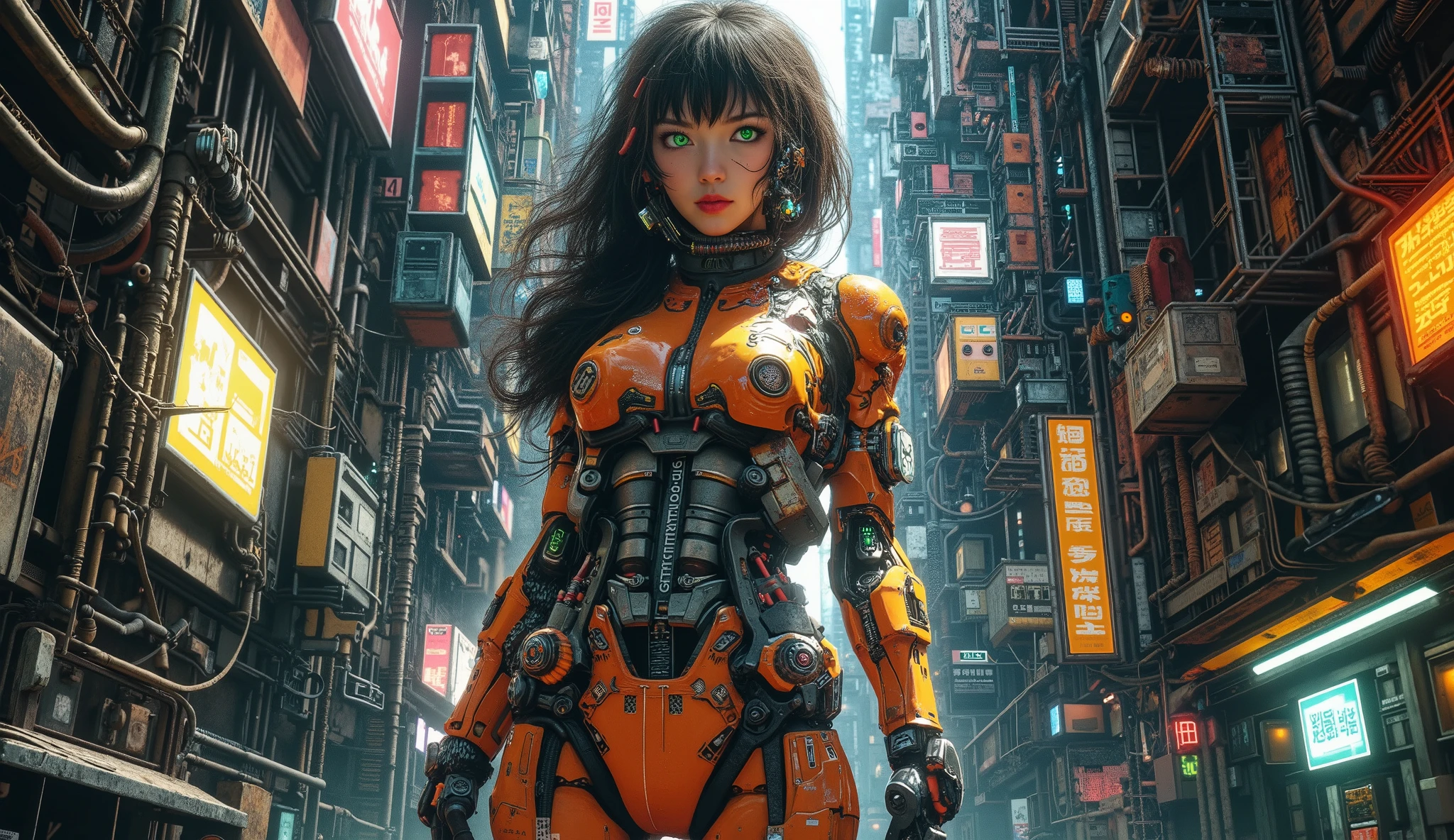 general plan, you can see the whole body, plano medio, Motoko Kusanagui , precious, female body in the movie Ghost in the Shell, you can see the whole body, orange and yellow cybernetic parts, You can see the face, The beautiful face, sexy, green eyes, Look at the camera, behind gears and electrical cables of all types and colors