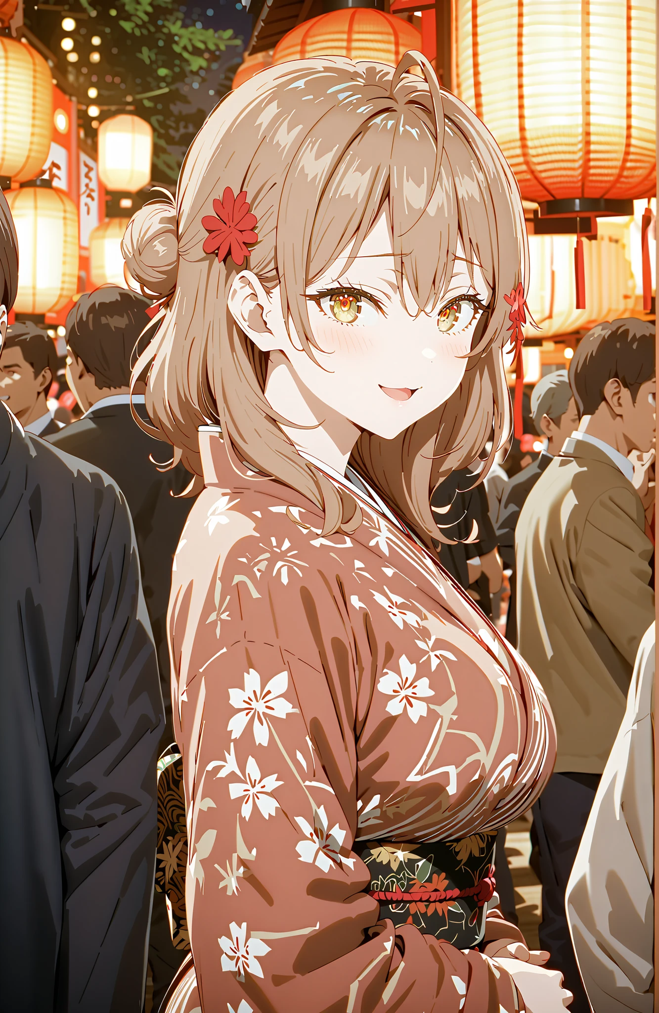 Maria Mikhailovna Kuzou, bungs, brown hair, hair ornament, hair between eyebrows, brown eyes, stupid hair,smile,blush,opens her mouth,side lock,single bun hair, Nape,Big Breasts,Black flower pattern kimono,standing,Light up fireworks,Japanese stalls ,Red Lanterns,standing,crowd,break looking at viewer,full body,
break outdoors, Japanese Festival,
break (masterpiece:1.2), best quality, high resolution, Unity 8Kの壁紙, ( illustration :0.8), (beautiful detailed eyes:1.6), Highly Detailed Faces, perfect lighting, highly detailed CG, (perfect hand in h, completed anatomy),
