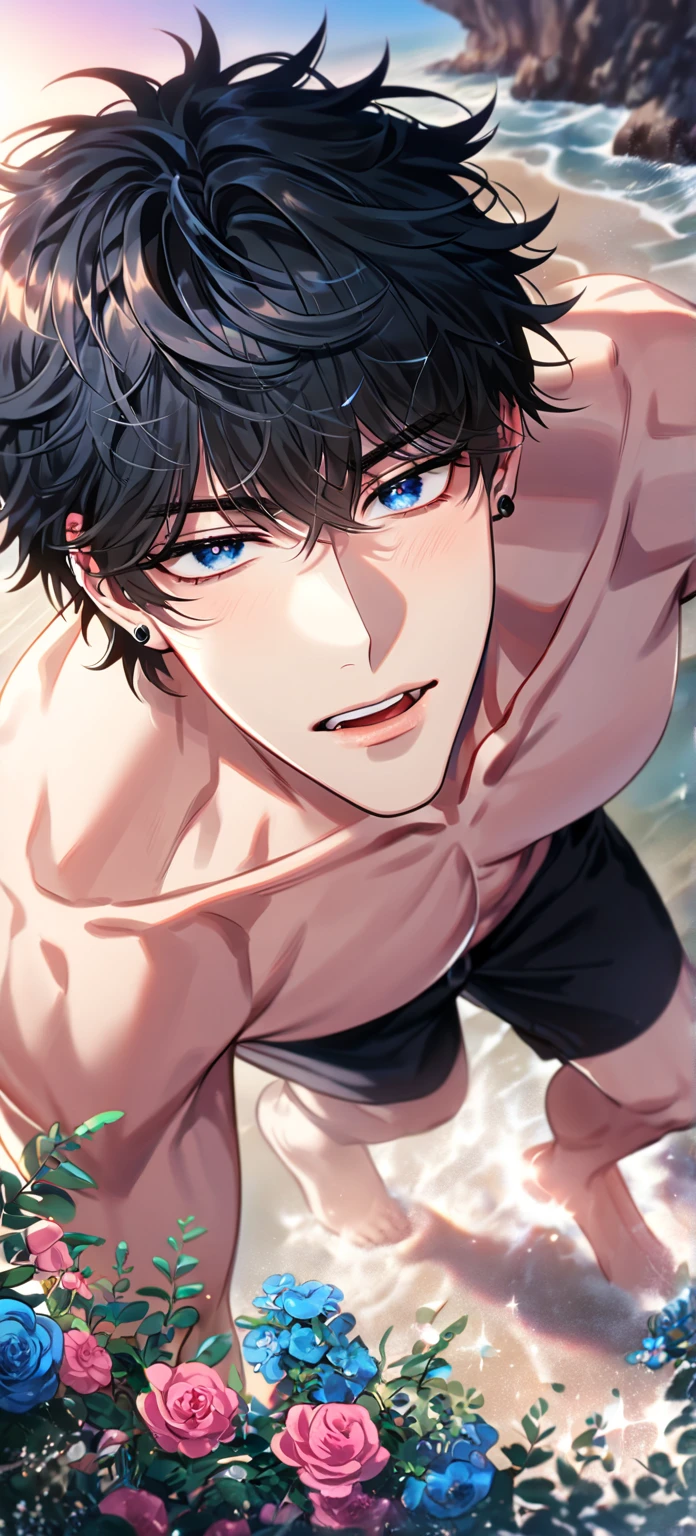 Beautiful young man,black hair, short hair, pink eyes, Wet hair, Wipe your hair with a towel, Top Naked, pecs, abs, After taking a bath, steam, sink,High quality, amount of drawing, pixiv illustration,cheeks are red,(A big smile with an open mouth),((arm up while spread legs (Concept):1.2)),LOVE,Good finger,Perfect finger.