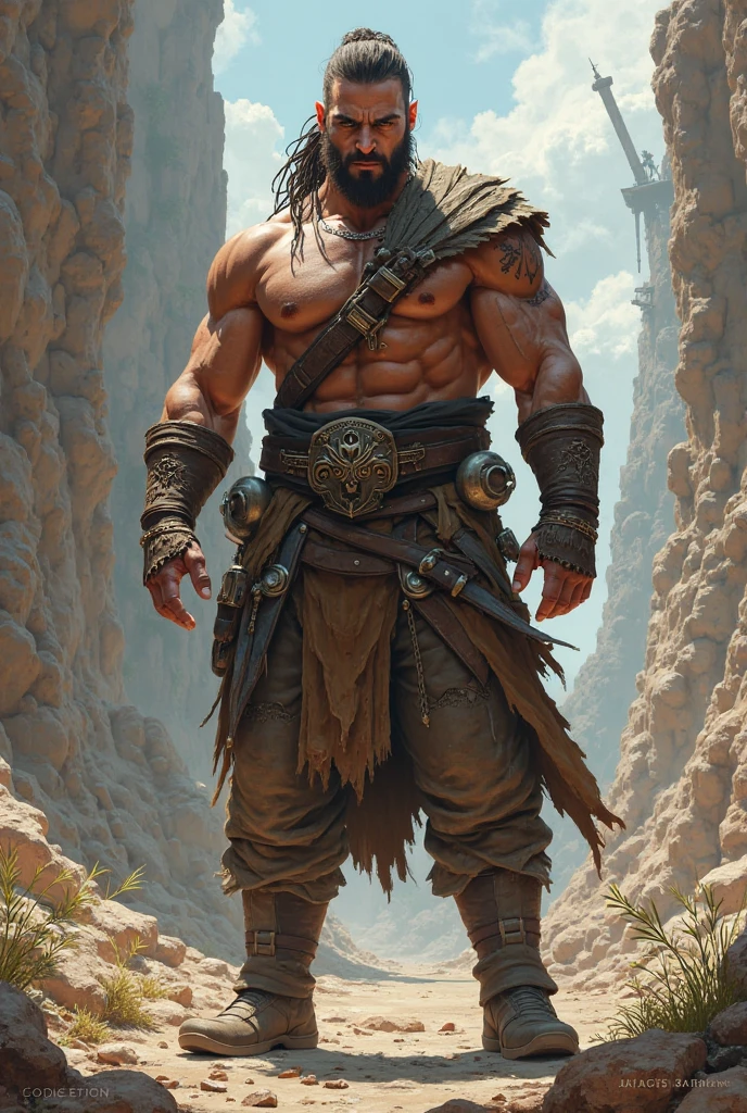 Full body (from behind) of a muscular and tattooed american Indian man, with a black hood and a large black cape covering his back. He wears a metallic owl mask on his face, has no shirt and wears a loincloth, loose black pants, native boots and large metal bracelets on both wrists. He is standing tall in the Arizona desert, looking up at the sky. Frazetta art style.