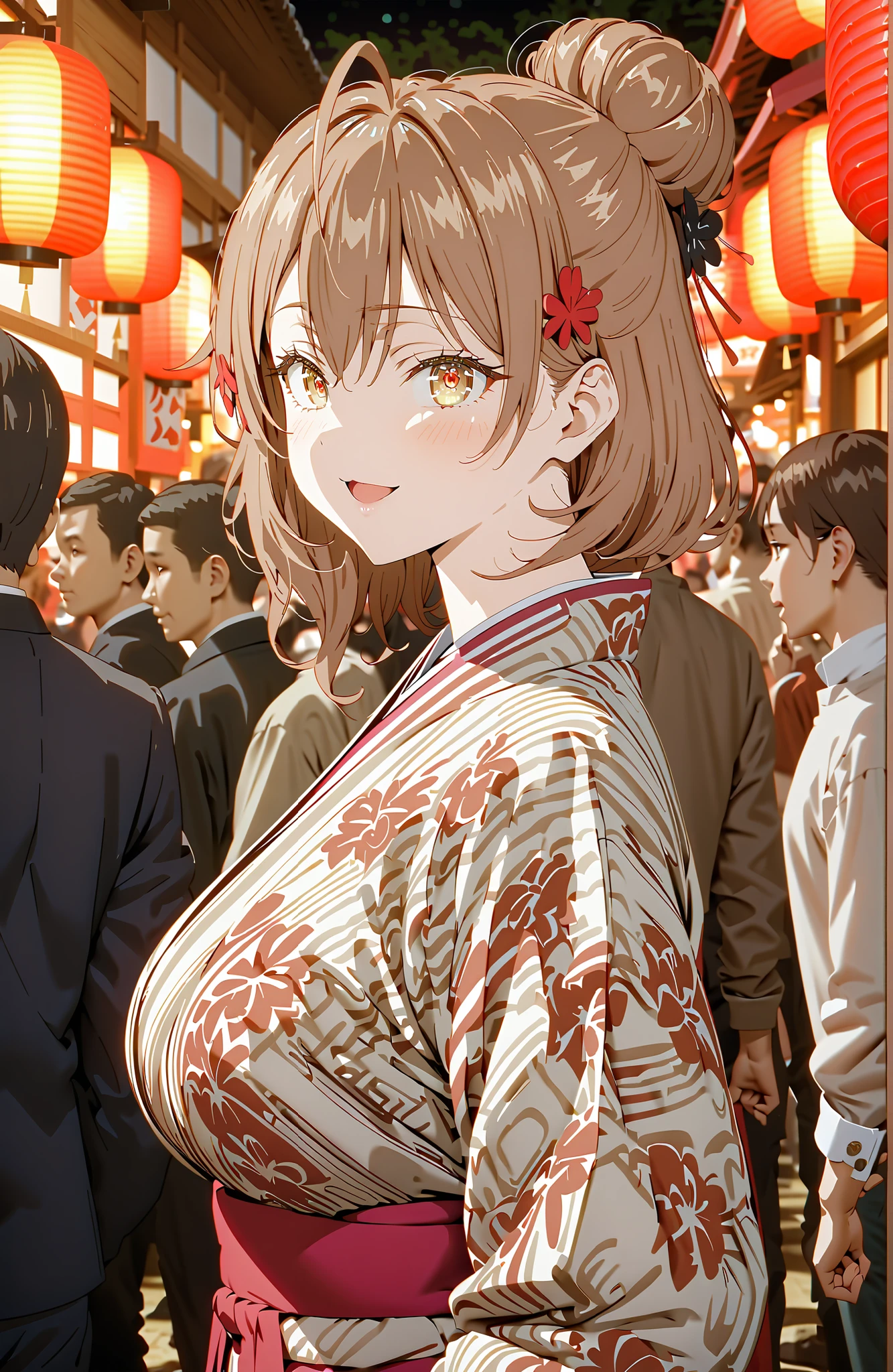 Maria Mikhailovna Kuzou, bungs, brown hair, hair ornament, hair between eyebrows, brown eyes, stupid hair,smile,blush,opens her mouth,side lock,single bun hair, Nape,Big Breasts,Black flower pattern kimono,standing,Light up fireworks,Japanese stalls ,Red Lanterns,standing,crowd,break looking at viewer,full body,
break outdoors, Japanese Festival,
break (masterpiece:1.2), best quality, high resolution, Unity 8Kの壁紙, ( illustration :0.8), (beautiful detailed eyes:1.6), Highly Detailed Faces, perfect lighting, highly detailed CG, (perfect hand in h, completed anatomy),
