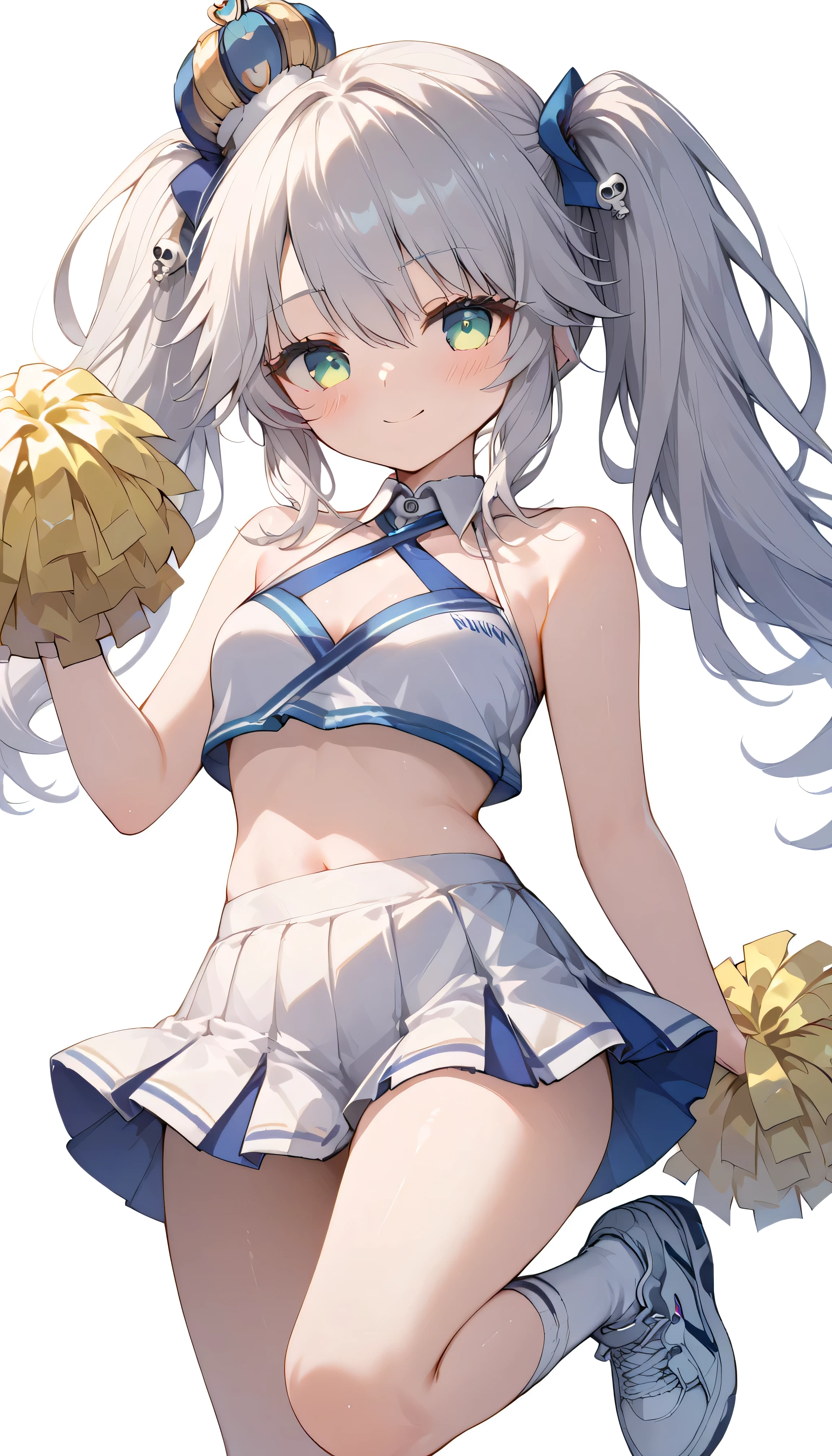 Sybilla, twintails, long hair, white hair, green eyes, solo, I can see my eyebrows from the inside of my hair, hair between eyes, is embarrassing, masterpiece, Best Quality, very aesthetic, thick thighs, Wide pelvis, blush, cheerleader, detached collar, white crop top, two-tone crop top, midriff, criss- cross halter, two-tone skirt, white skirt, miniskirt, pleated skirt, holding pom poms, pom pom (cheerleading), white sneakers, stadium,stylish pose, smile closed mouth