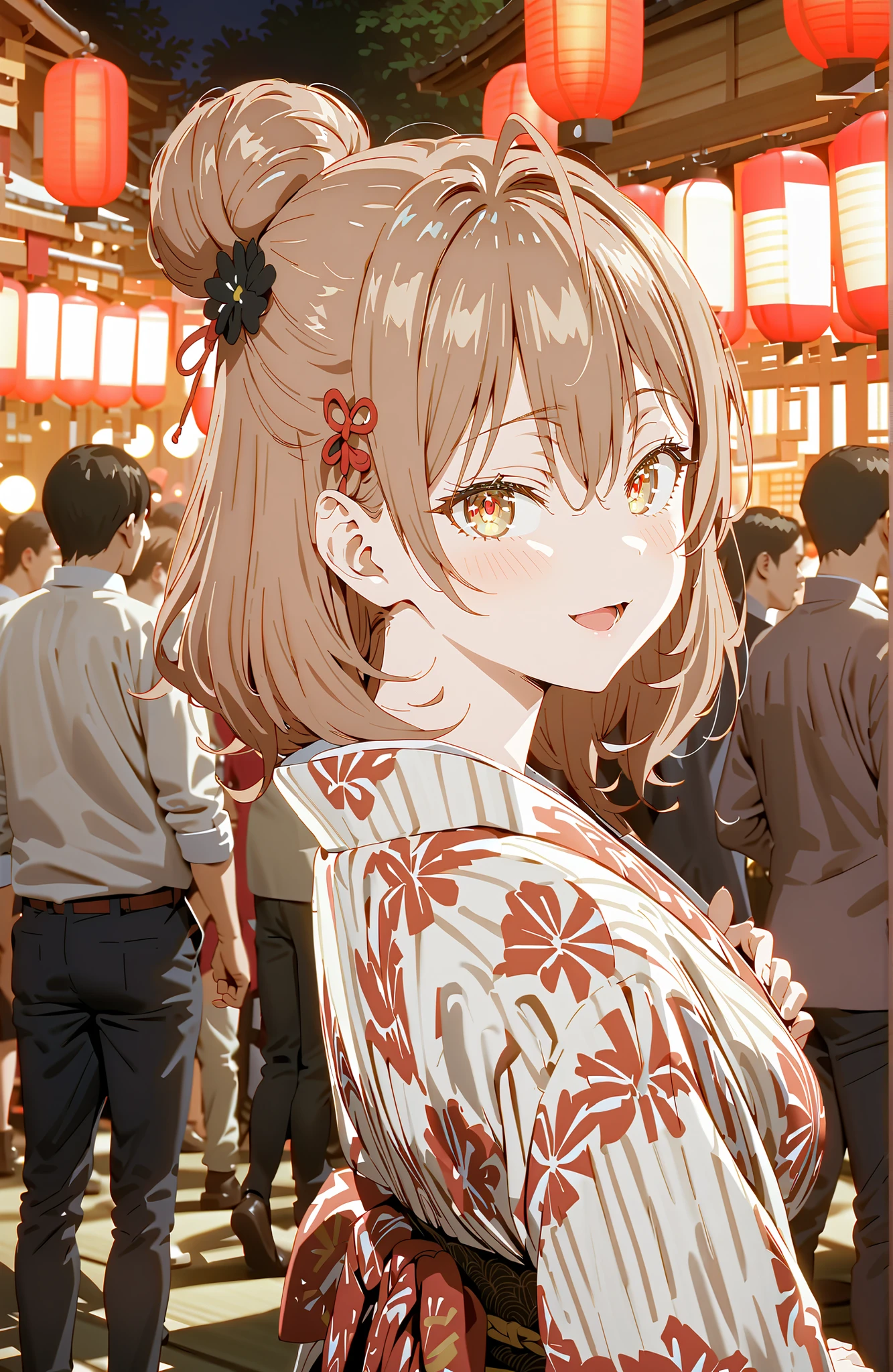 Maria Mikhailovna Kuzou, bungs, brown hair, hair ornament, hair between eyebrows, brown eyes, stupid hair,smile,blush,opens her mouth,side lock,single bun hair, Nape,Big Breasts,Black flower pattern kimono,standing,Light up fireworks,Japanese stalls ,Red Lanterns,standing,crowd,break looking at viewer,full body,
break outdoors, Japanese Festival,
break (masterpiece:1.2), best quality, high resolution, Unity 8Kの壁紙, ( illustration :0.8), (beautiful detailed eyes:1.6), Highly Detailed Faces, perfect lighting, highly detailed CG, (perfect hand in h, completed anatomy),