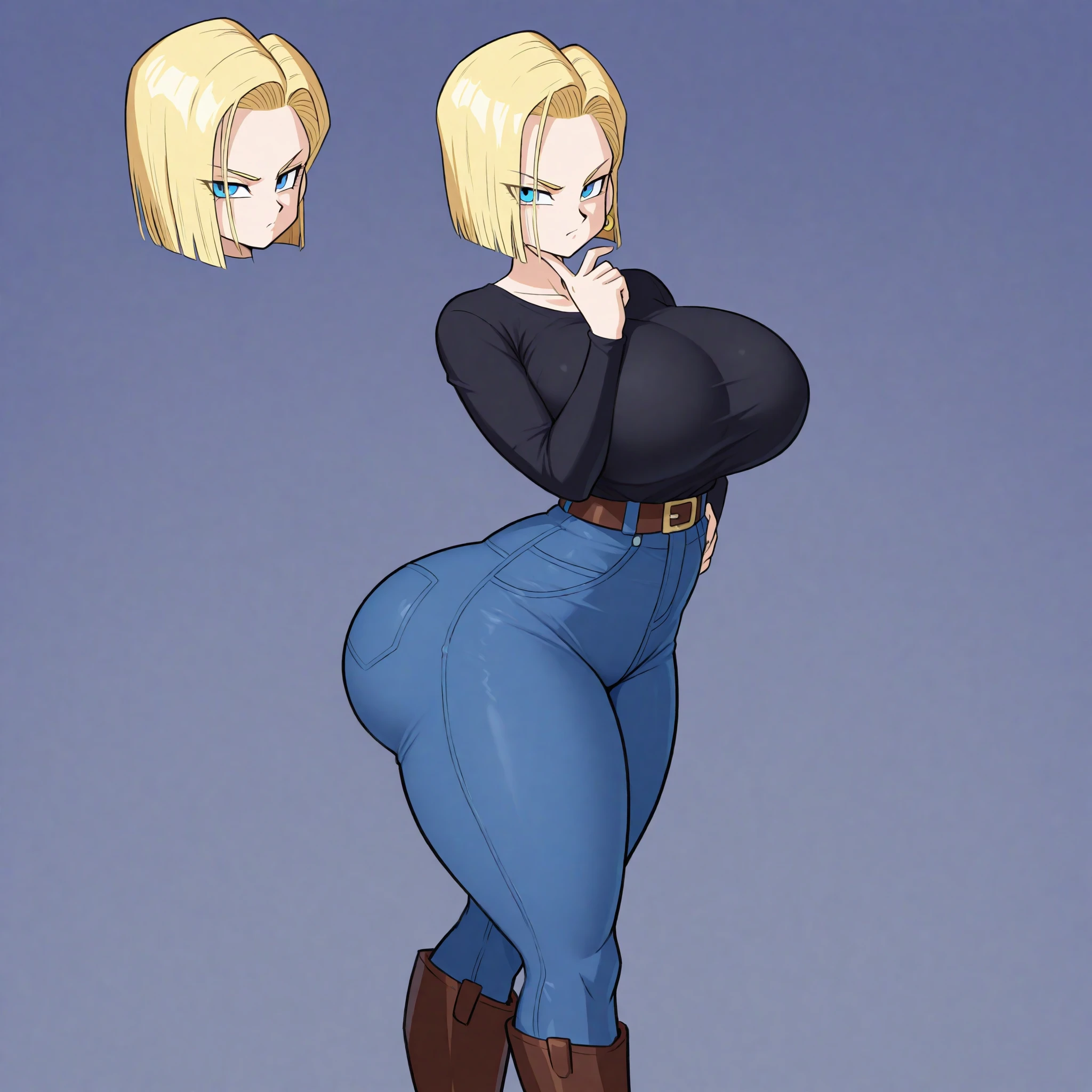 Masterpiece, high resolution, Dragon ball art style, android 18, 1girl, (((bimbo))), puffy lips, painted lips, thick lips, wide hips, thick thighs, big breast, huge ass, revealing cleavage, erotic, sexy face, bubble butt, Brazilian butt lift, camel toe, looking back, blue jeans, tight jeans, Black top, ass motion, walking,