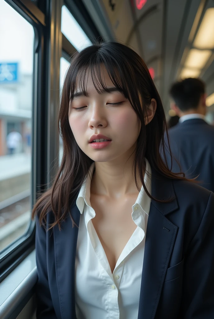 best quality,masterpiece, 8k, highres, ultra detailed,ultra realistic, RAW photo, japanese girl, detailed face, detailed skin, detailed eyes,sexy,sleep , closed eyes,spread legs,in the train,sitting