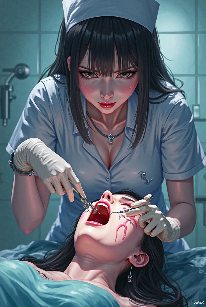 A blonde girl with bangs, using only white latex gloves and a black surgical mask, She is leaning over a victim strapped to an operating table. With an intense and concentrated expression, He is gouging out the victim's eye using a surgical instrument. His gloves are stained with blood. The victim, immobilized with thick straps, has an expression of terror. The setting is a poorly lit, sterile operating room., with metal surfaces and medical equipment, creating a disturbing and unsettling atmosphere.