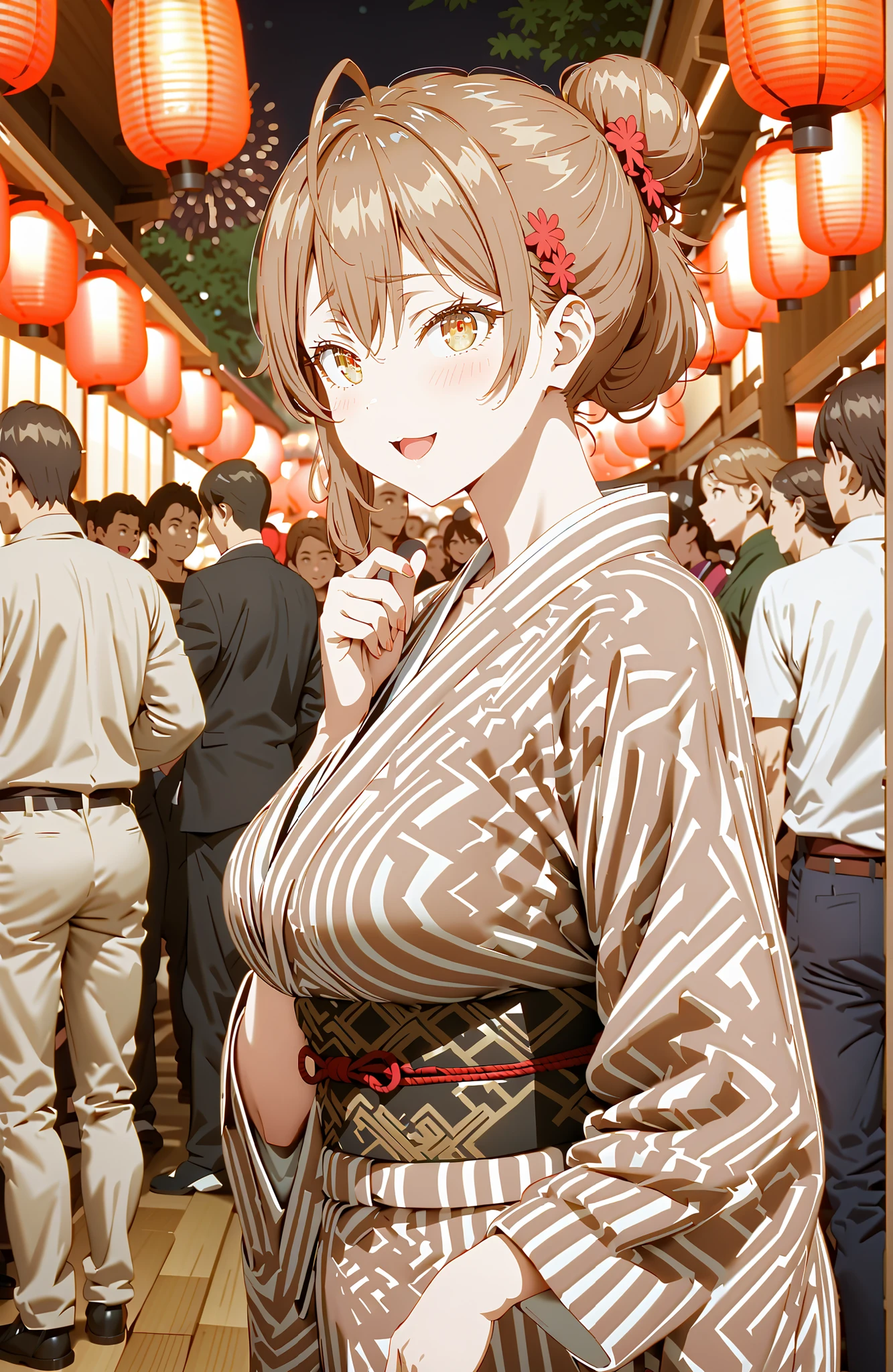 Maria Mikhailovna Kuzou, bungs, brown hair, hair ornament, hair between eyebrows, brown eyes, stupid hair,smile,blush,opens her mouth,side lock,single bun hair, Nape,Big Breasts,Black flower pattern kimono,standing,Light up fireworks,Japanese stalls ,Red Lanterns,standing,crowd,break looking at viewer,full body,
break outdoors, Japanese Festival,
break (masterpiece:1.2), best quality, high resolution, Unity 8Kの壁紙, ( illustration :0.8), (beautiful detailed eyes:1.6), Highly Detailed Faces, perfect lighting, highly detailed CG, (perfect hand in h, completed anatomy),